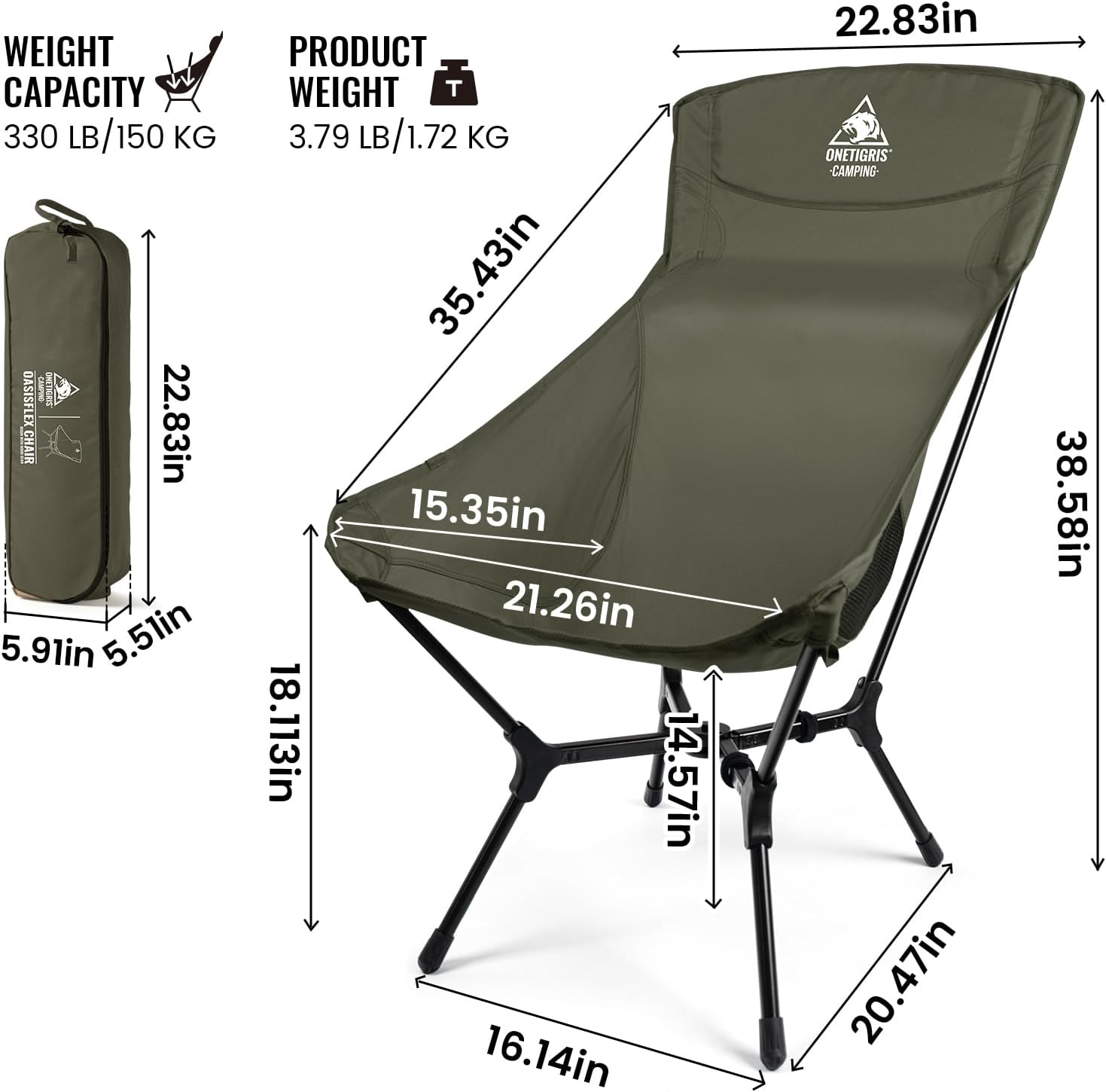 High Back Camping Chair Lightweight Folding Portable Seat Green