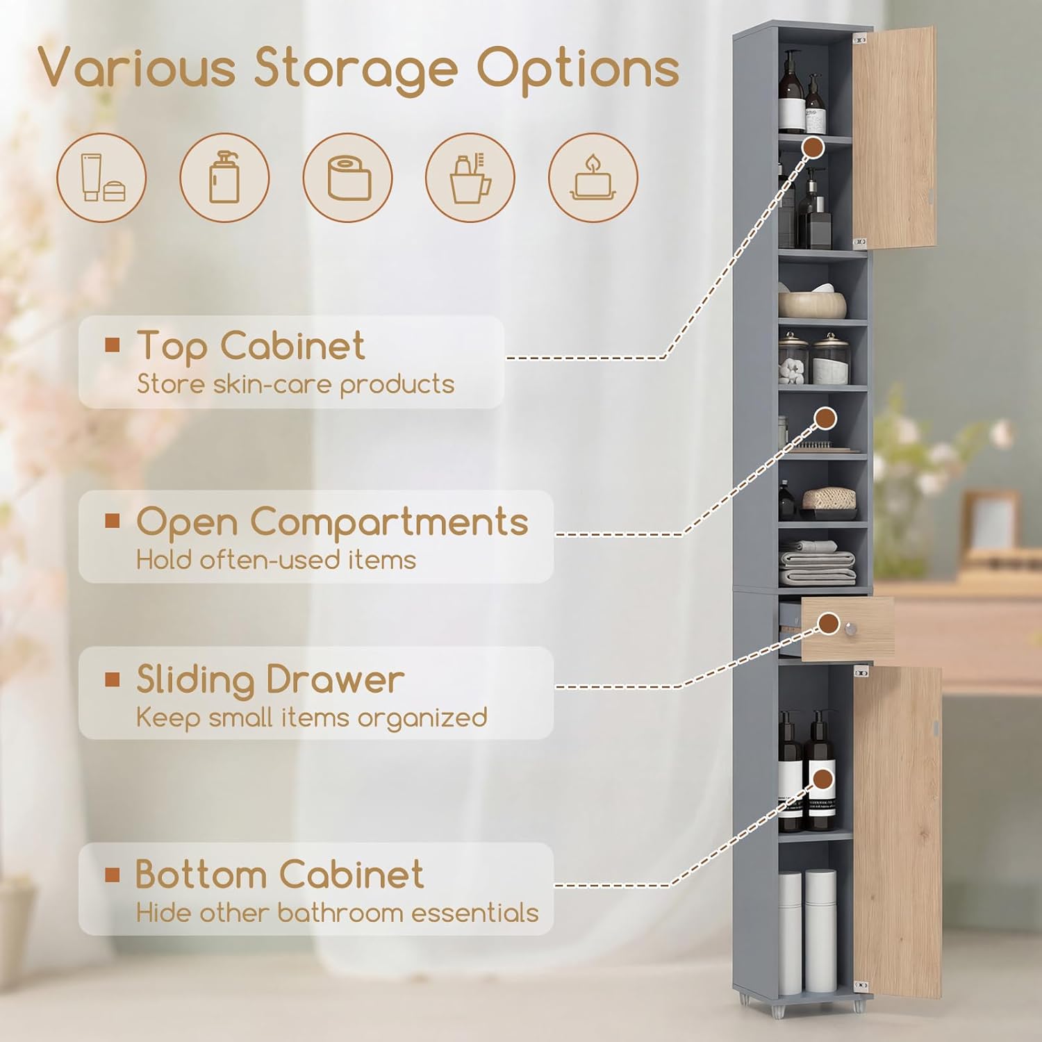 Slim Bathroom Tall Storage Cabinet Drawer Shelf Grey Natural