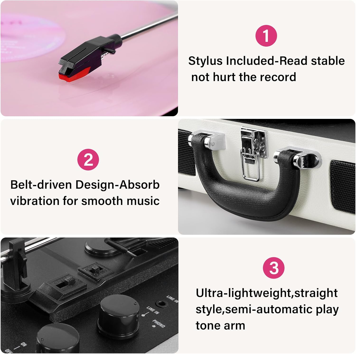 Portable Bluetooth 3-Speed Vinyl Record Player with Built-In Speakers