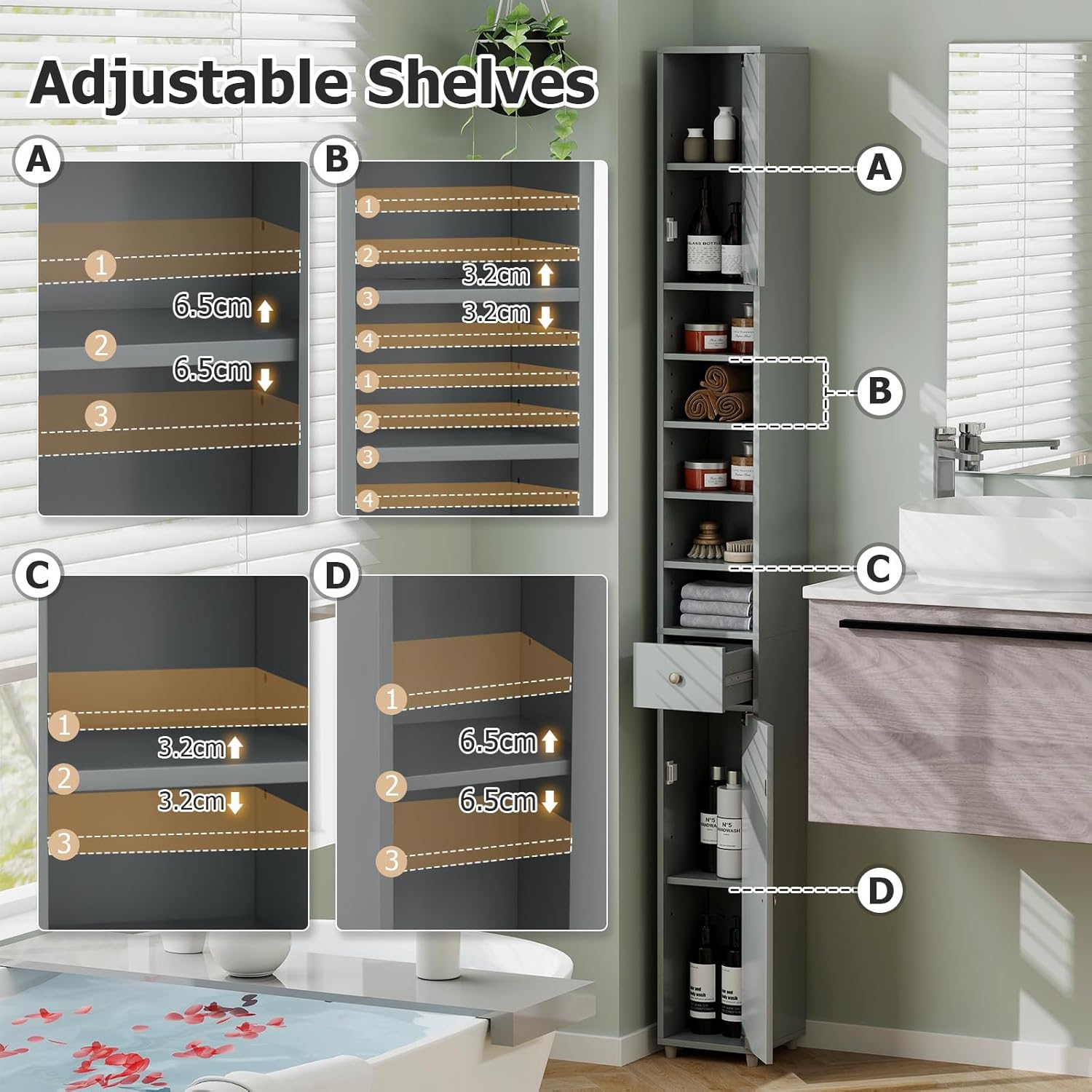Tall Slim Bathroom Storage Cabinet Drawer Adjustable Shelves Grey