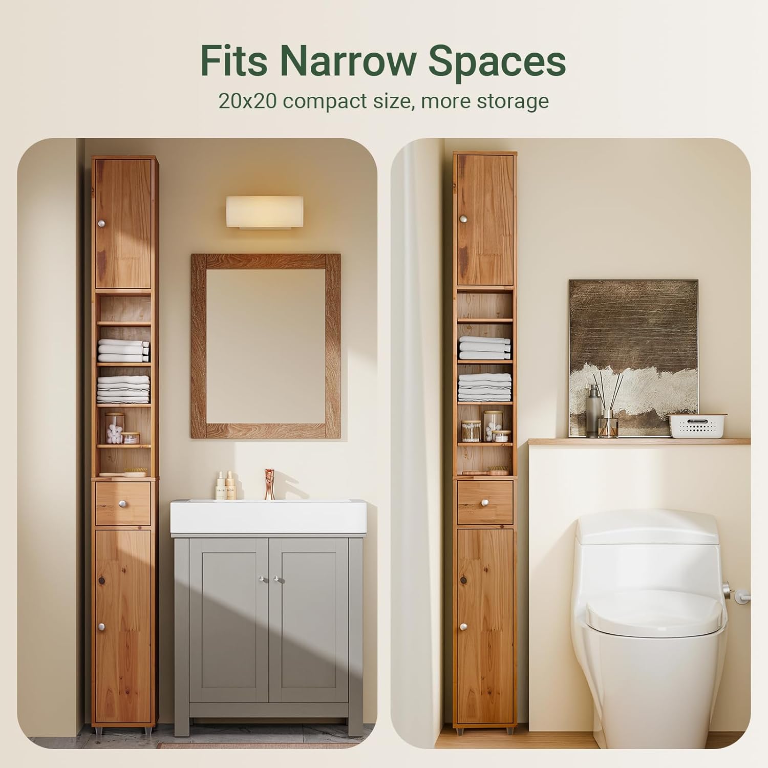 Slim Tall Solid Wood Bathroom Cabinet Drawer 180cm Natural