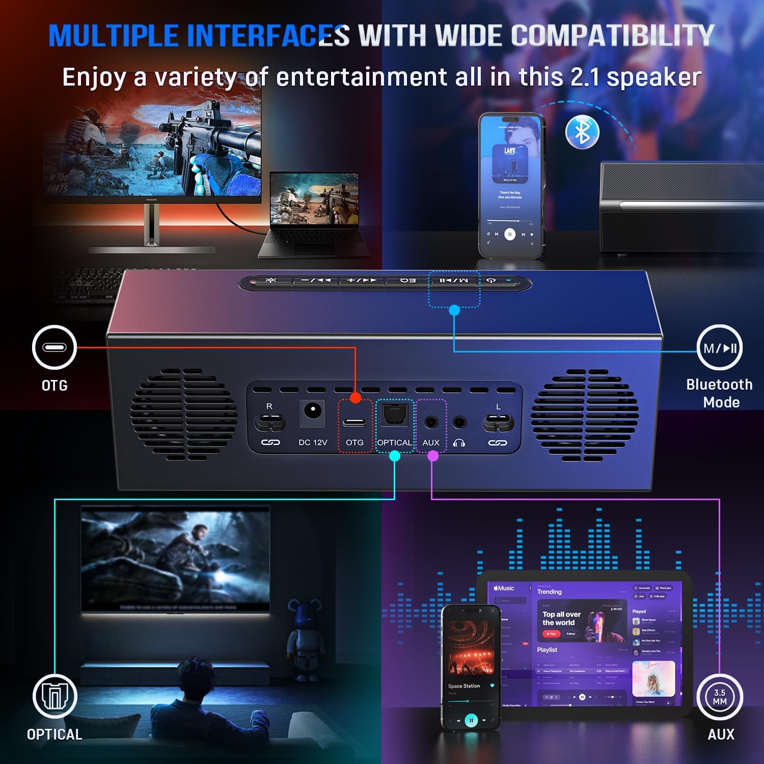 PC Speakers with Subwoofer RGB Gaming Soundbar Bluetooth