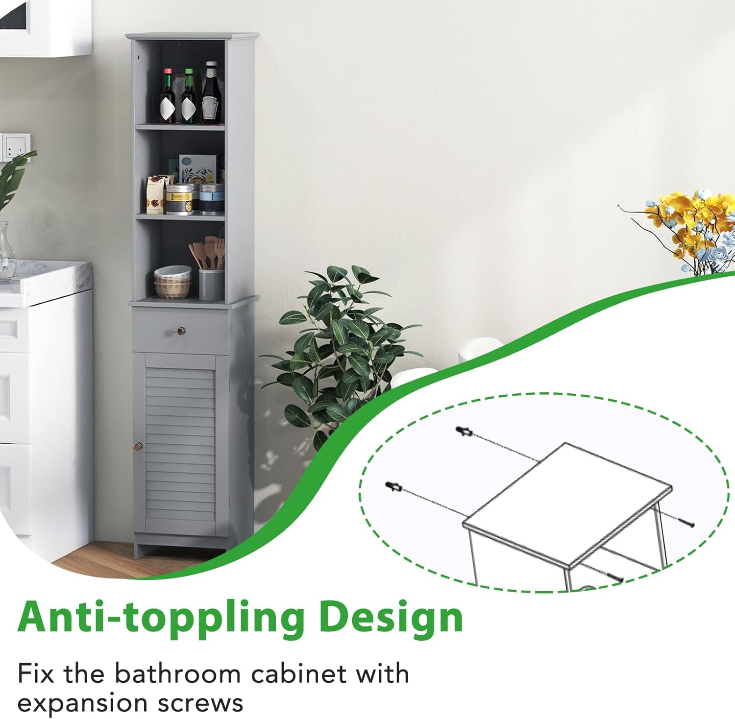 Slim Bathroom Tall Cabinet Drawer Shelf Cupboard Grey