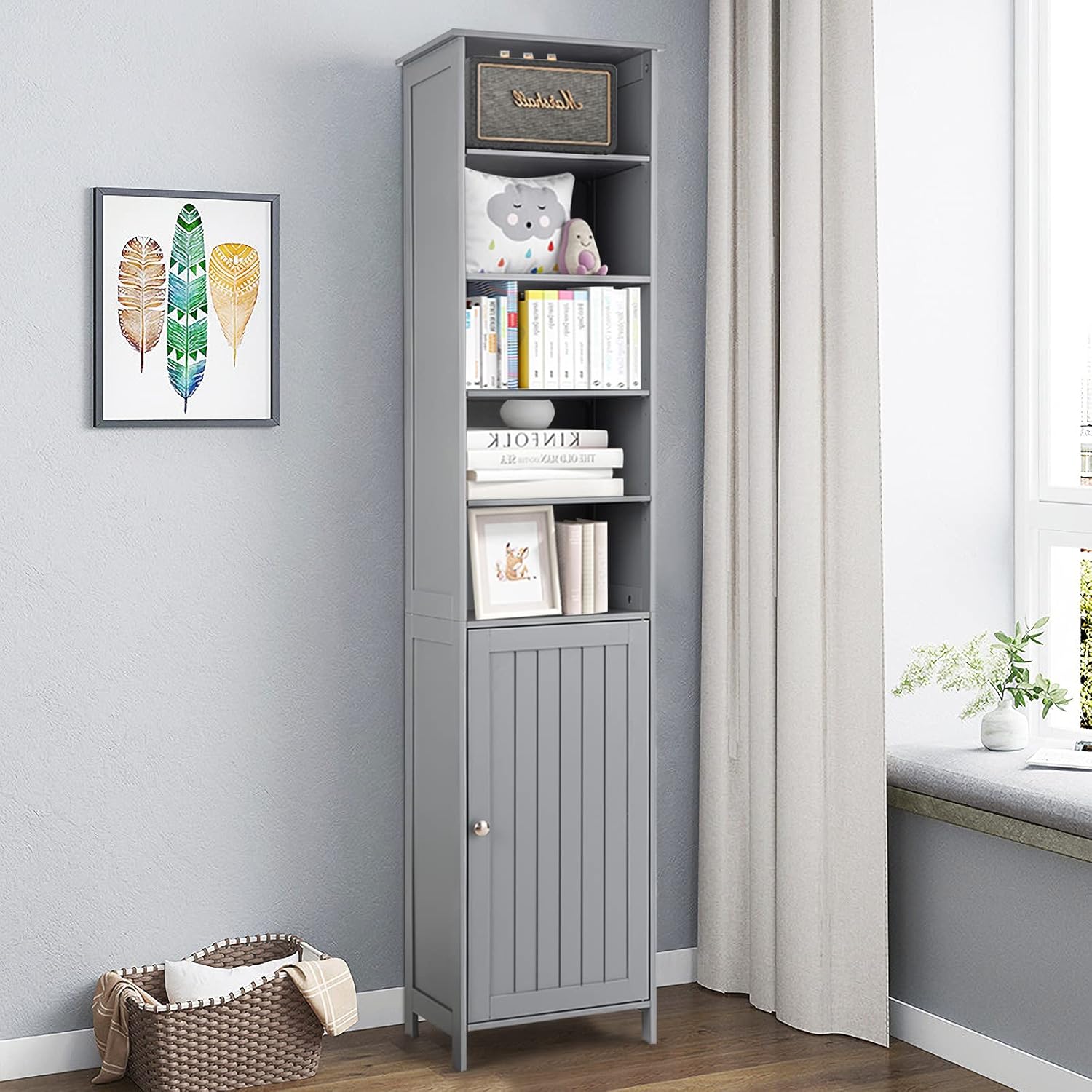 Tall Bathroom Storage Cabinet Shelf Cupboard Grey