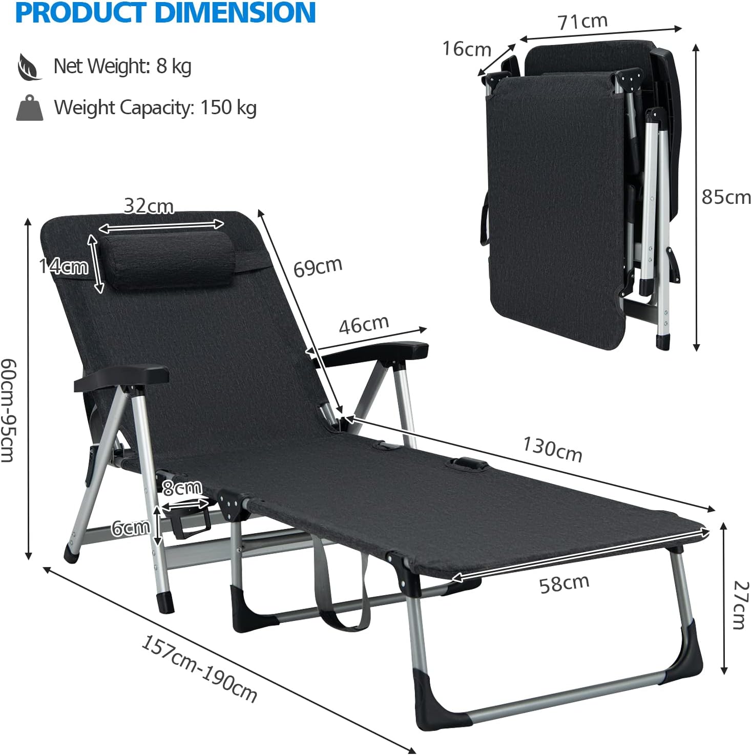 Folding Sun Lounger 7 Position Reclining Chair Cup Holder Black