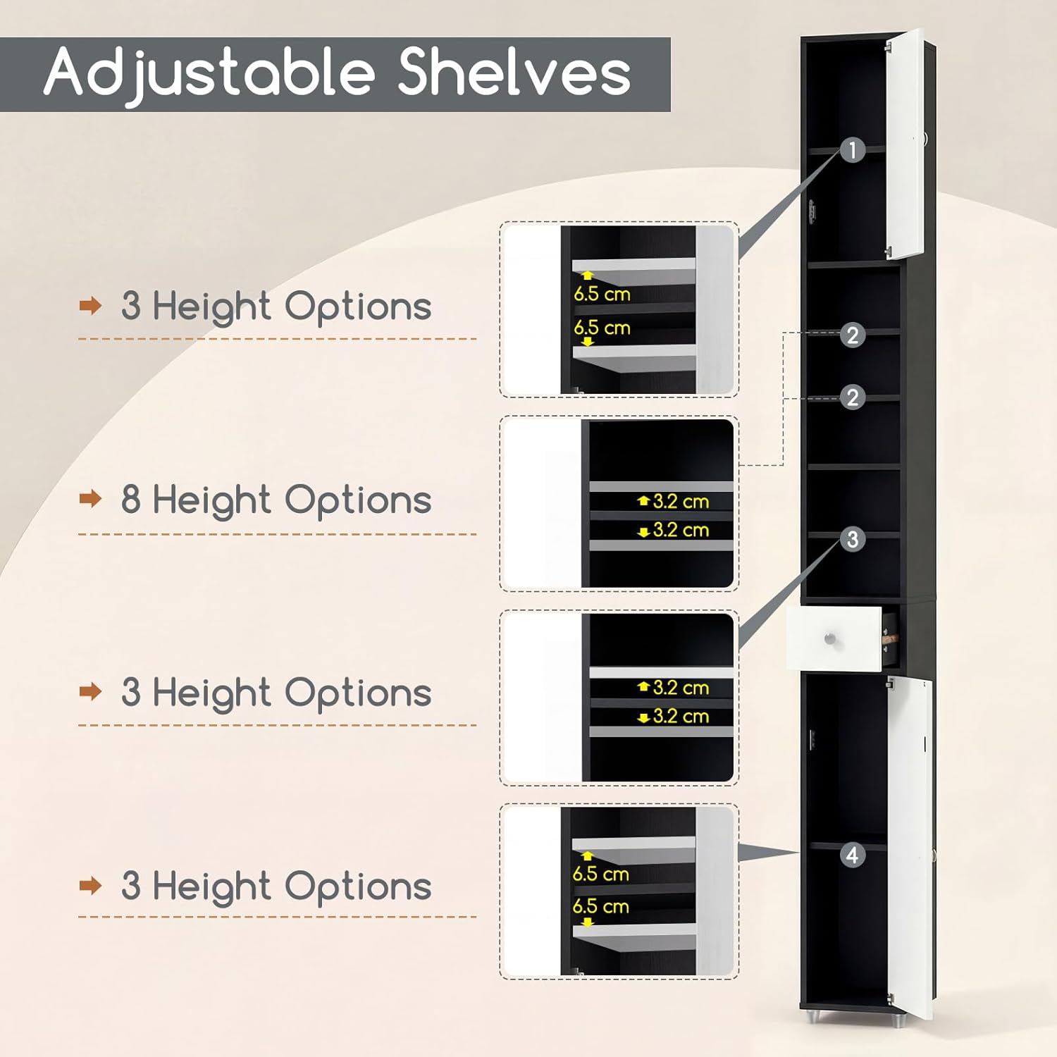 Slim Bathroom Tall Storage Cabinet Drawer Shelf White Black