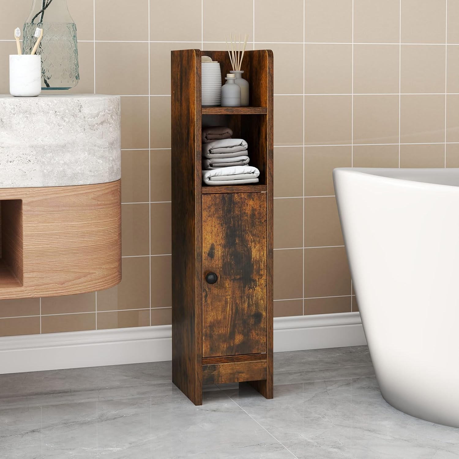 Slim Bathroom Floor Cabinet Toilet Paper Storage Rustic Brown