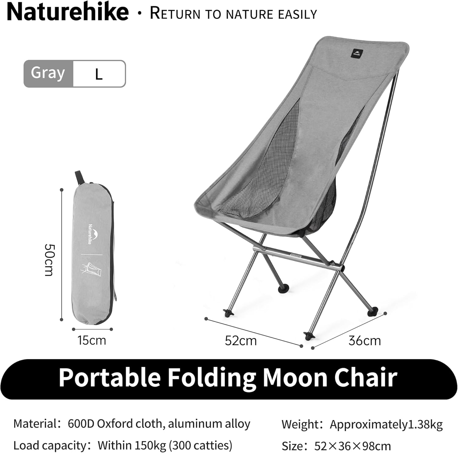 Ultralight Folding Camping Chair 150KG Grey
