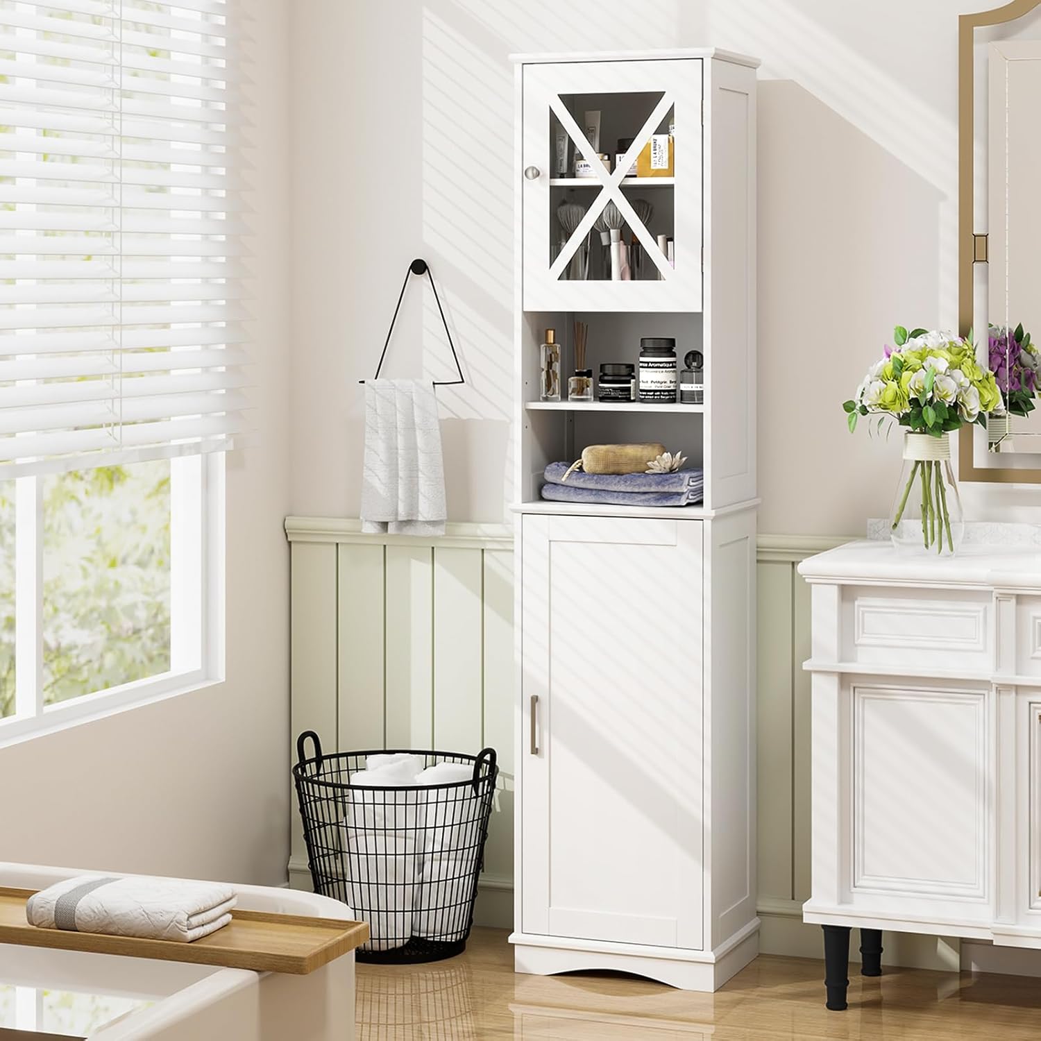 White Tallboy Bathroom Cupboard Open Shelf Storage Cabinet