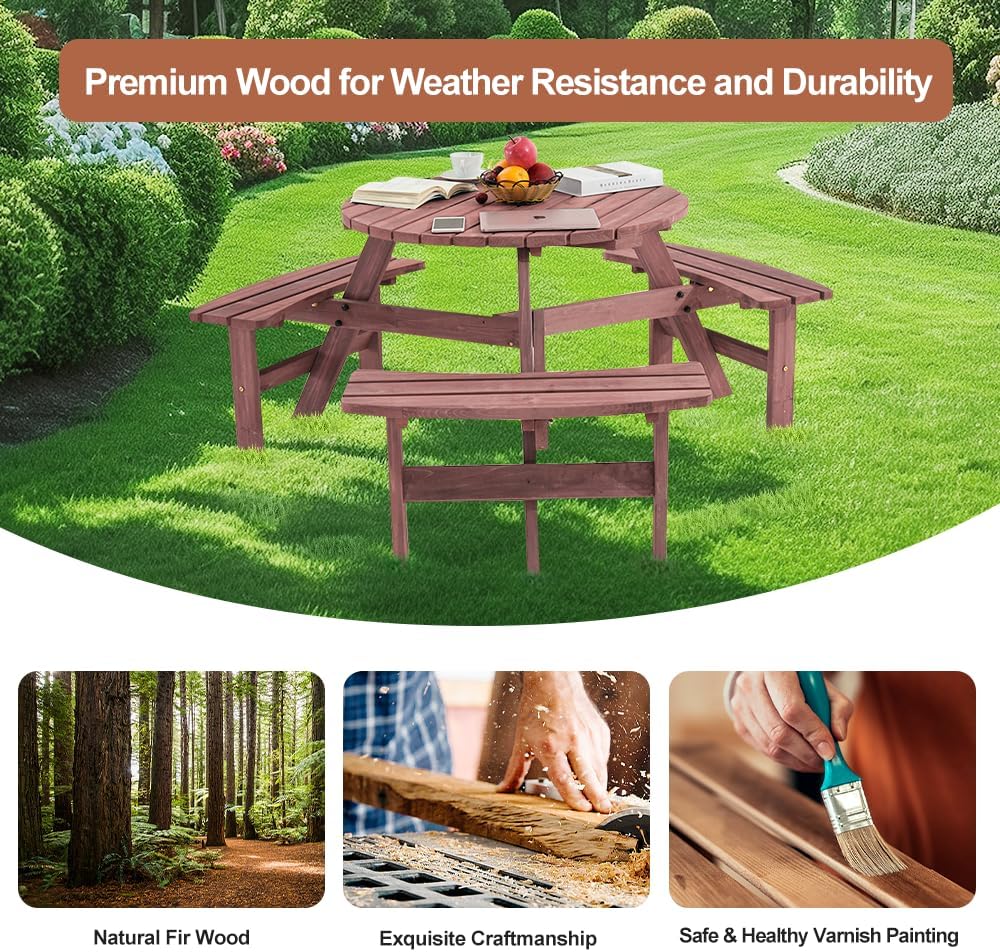 6 Seater Round Wooden Picnic Table Garden Bench Set w/Parasol Hole