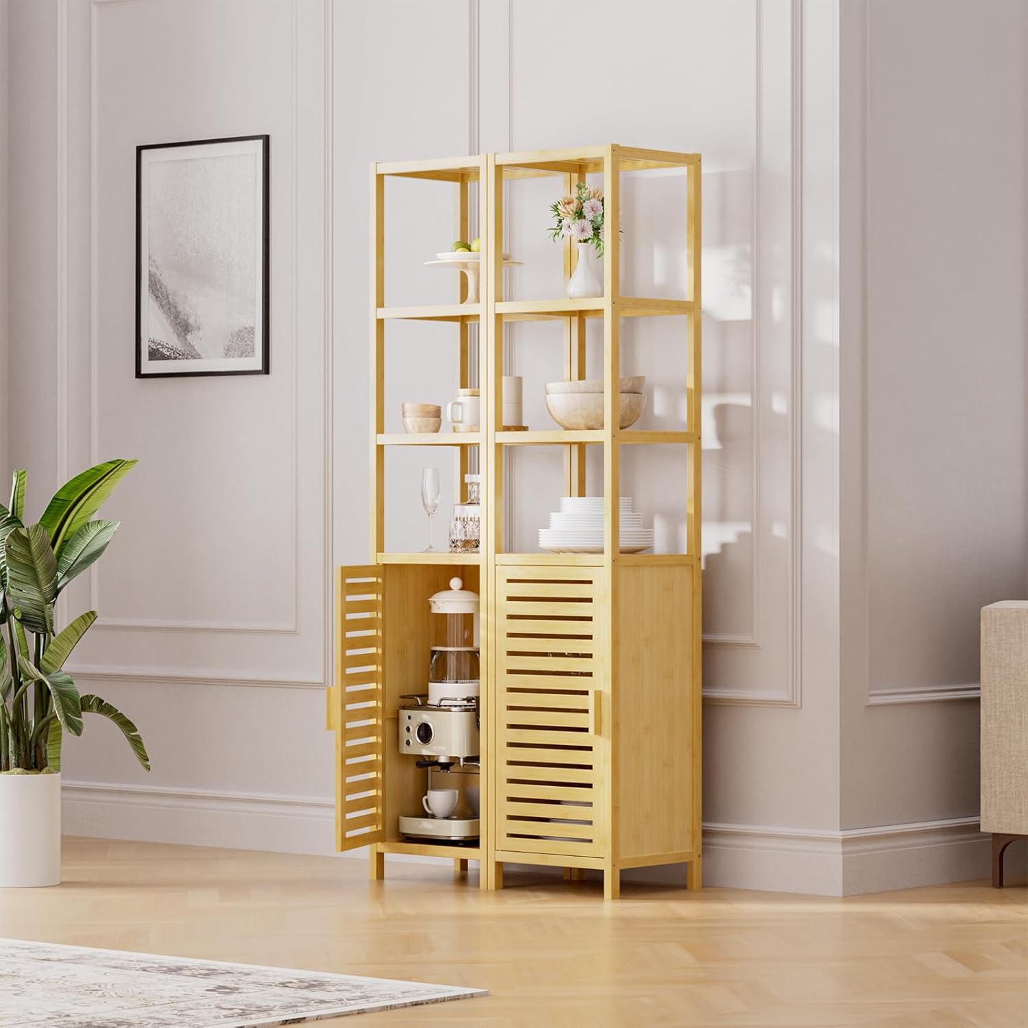 Bamboo Tall Storage Cabinet Natural Shelf Door Unit