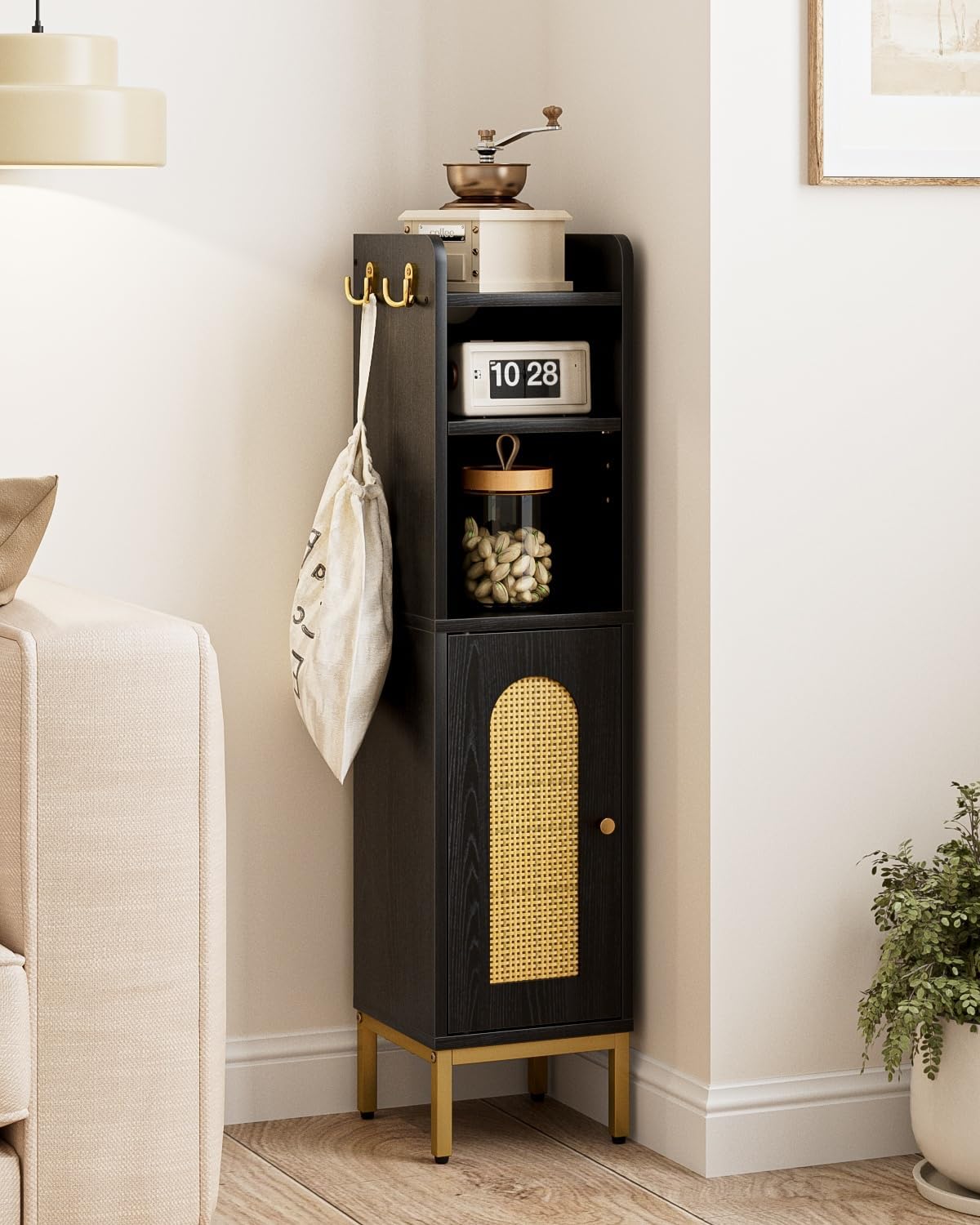 Slim Bathroom Storage Cabinet Door Black Rattan Freestanding