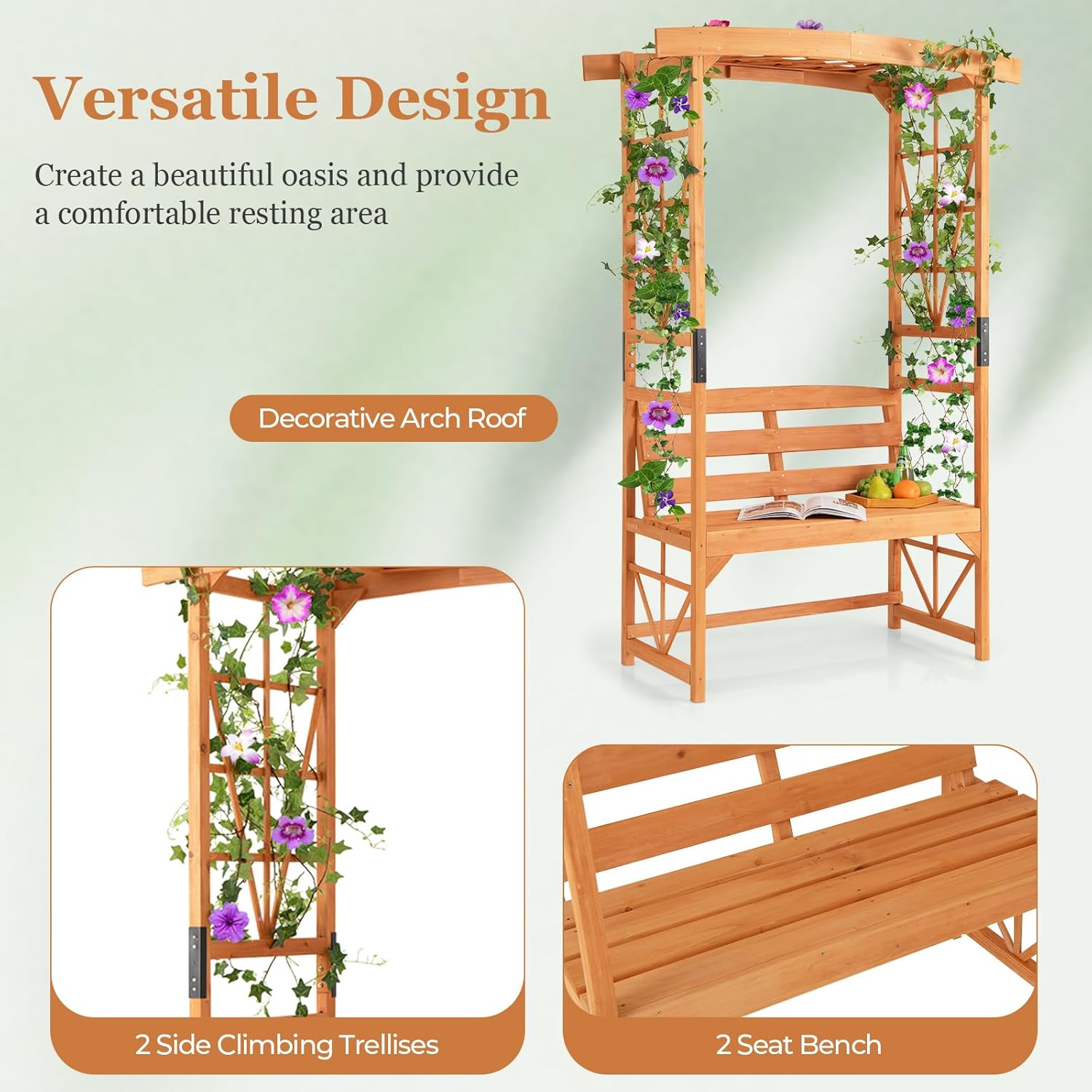 Wooden Garden Arch with Bench 2 Seater Trellis Pergola Seat