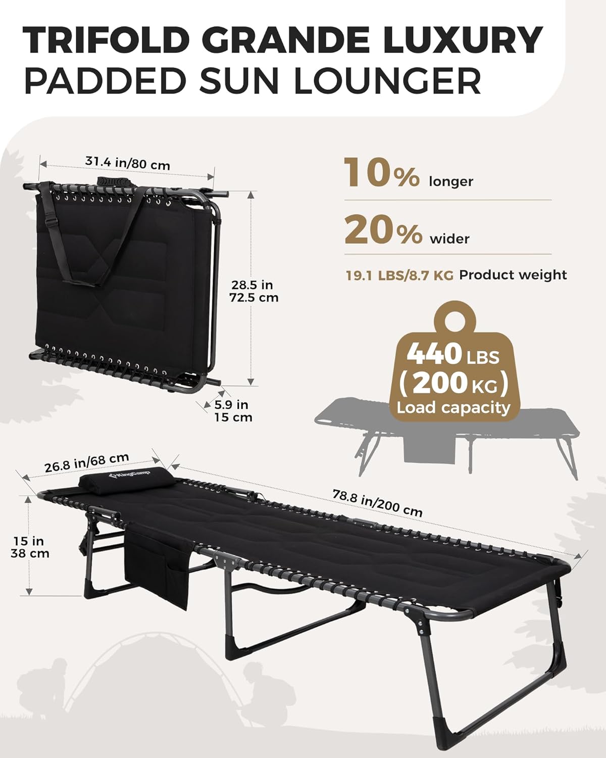 Oversized Padded Sun Lounger Folding Recliner 5 Position 440LBS