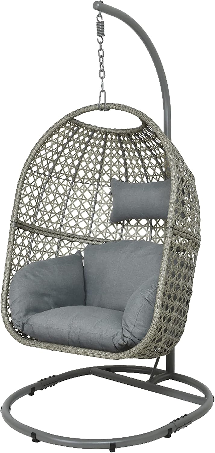 Grey Hanging Egg Chair with Stand Rattan Swing