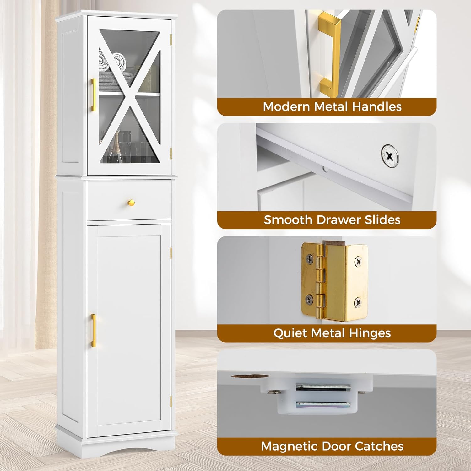 Slim Bathroom Tall Cabinet Drawer 2 Door Shelf Unit White