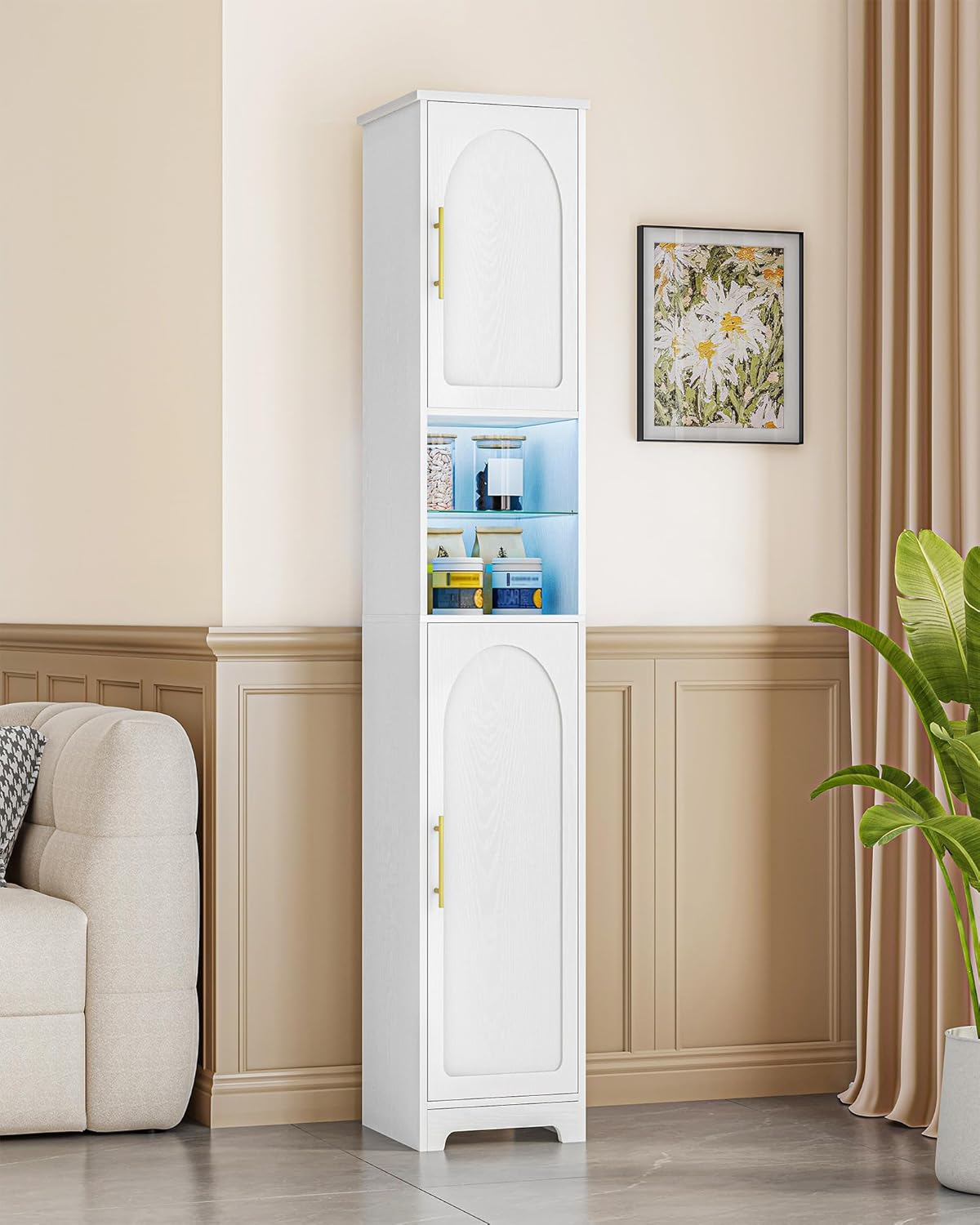 LED Tall Bathroom Storage Cabinet Remote Light Slim White 170cm