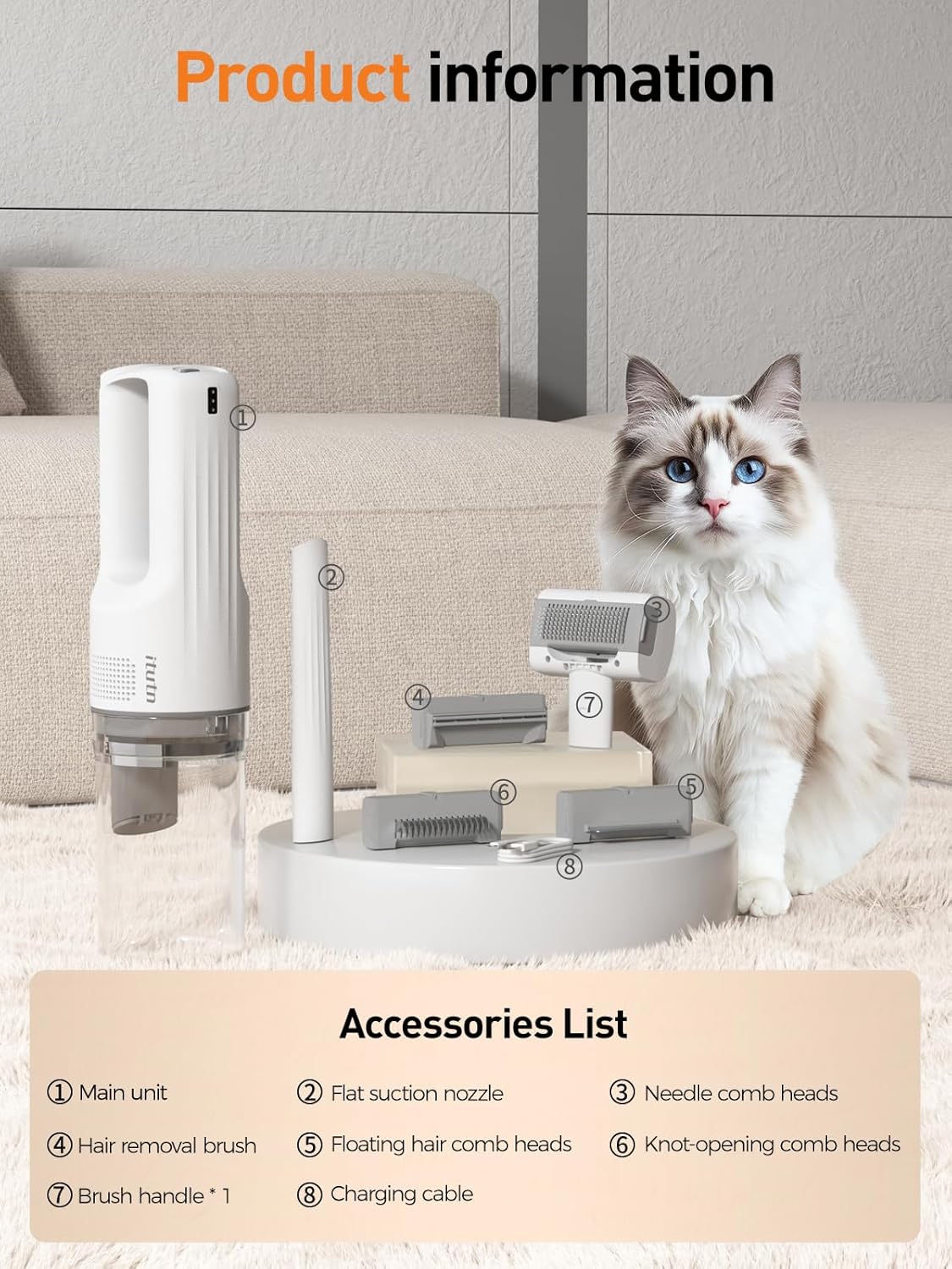 Cordless Pet Grooming Vacuum 10KPa 4 Brush Low Noise White