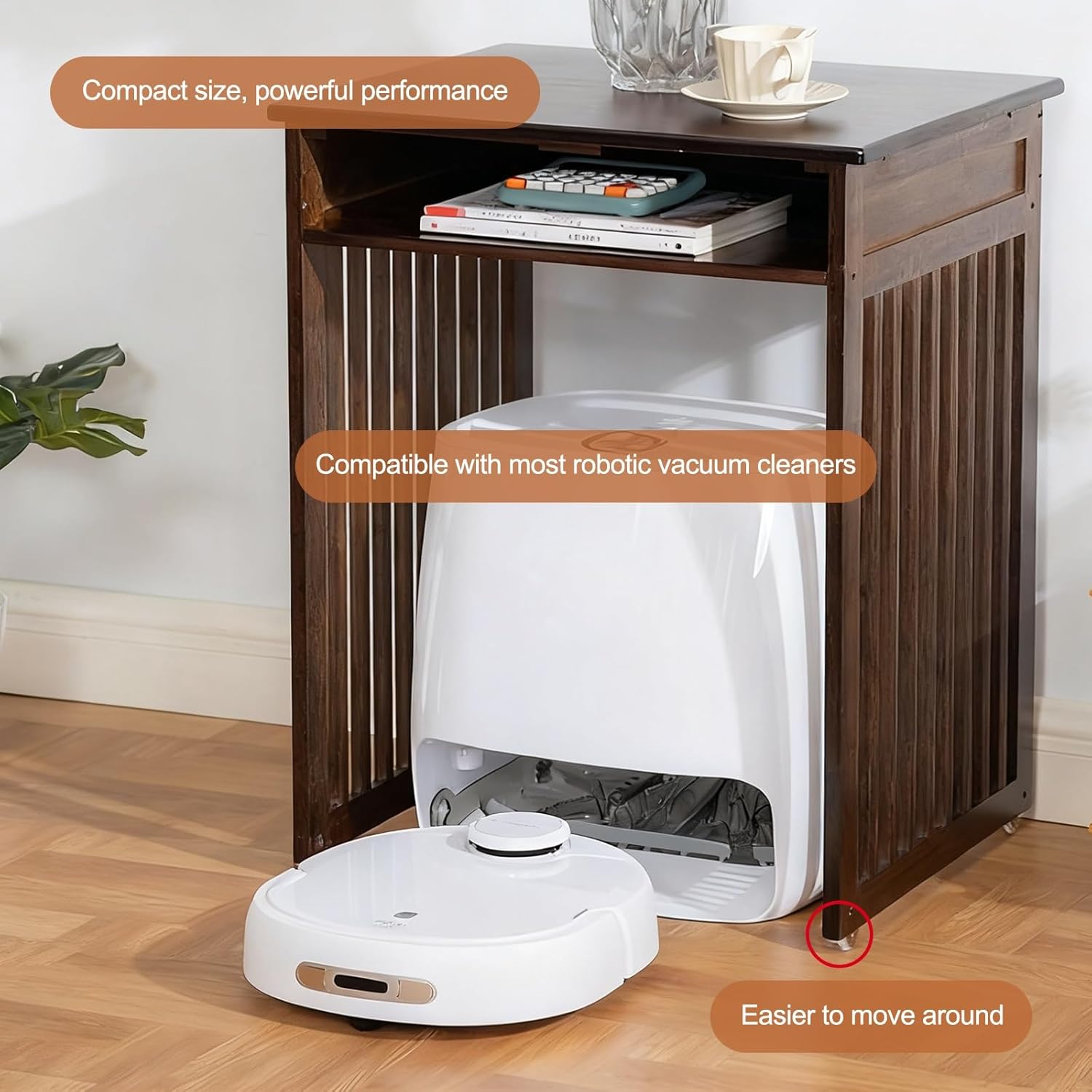 Robot Vacuum Storage Cabinet Bamboo Stand w Wheels Shelf 52cm