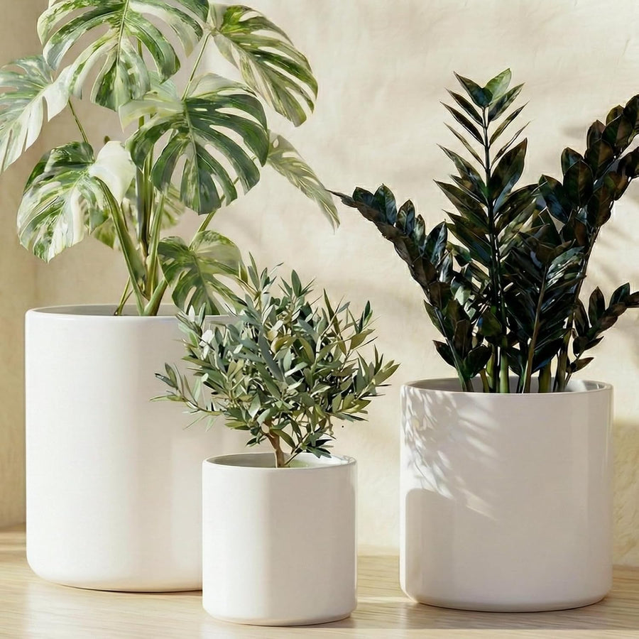 Ceramic Plant Pots Set 3 White Indoor Planters Drainage