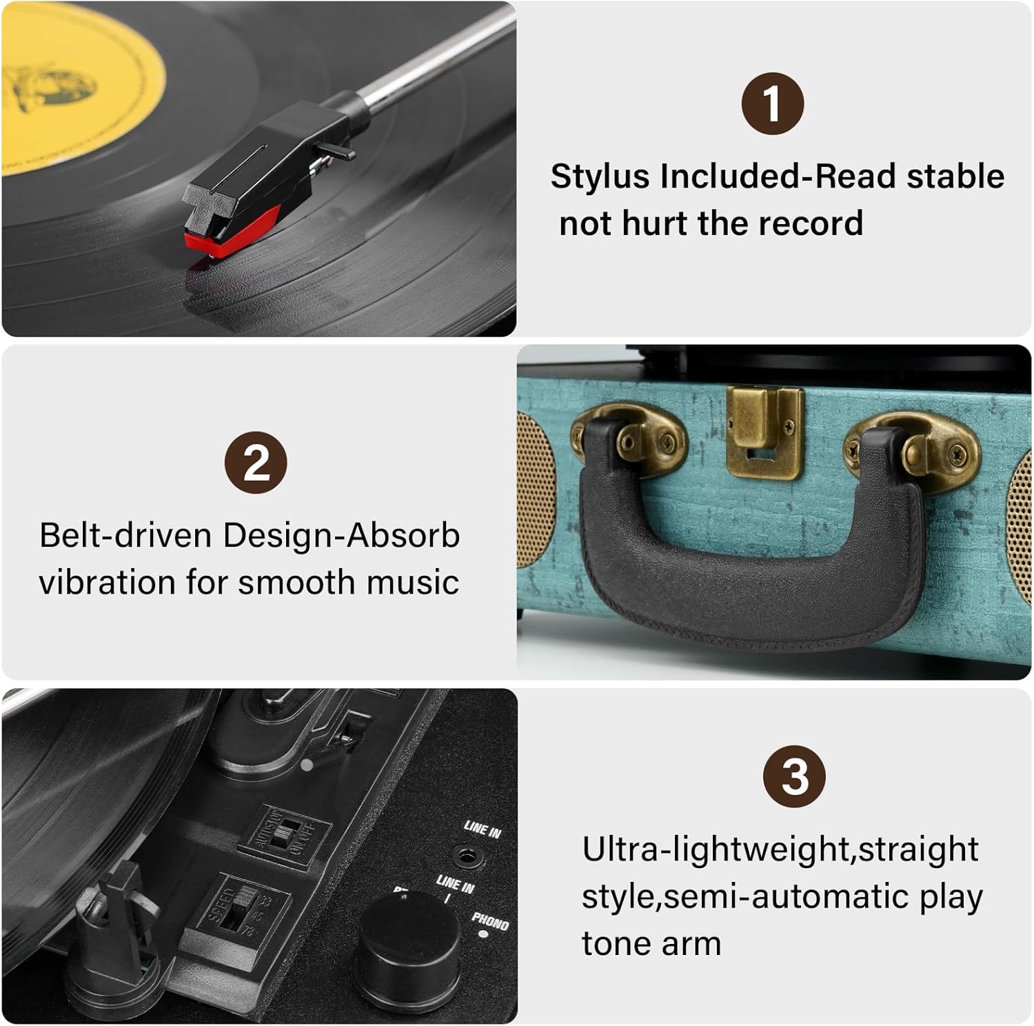 3-Speed Bluetooth Vinyl Record Player Portable Suitcase Turntable Military Green