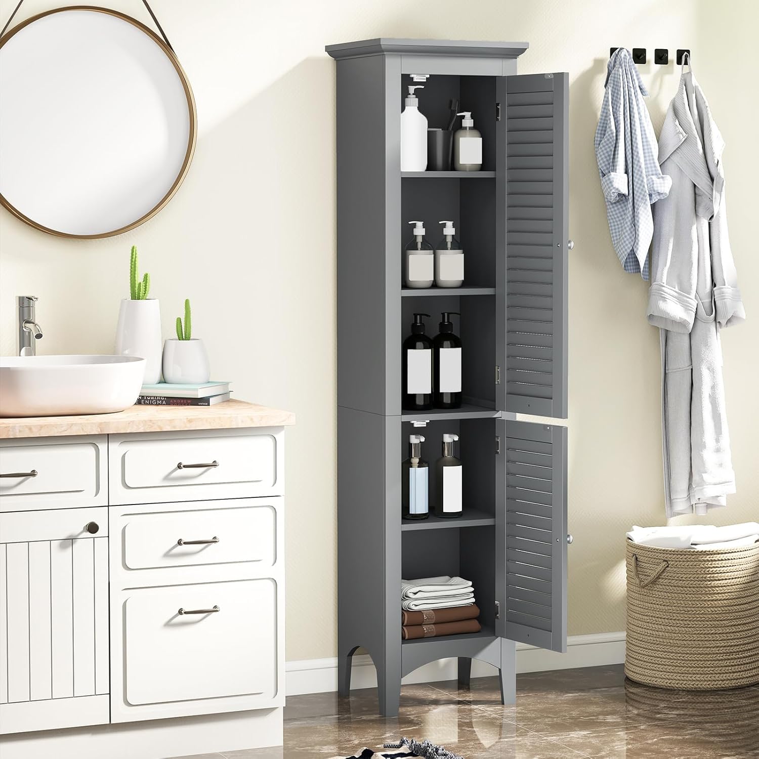 Tall Bathroom Storage Cabinet Grey 2 Door Shelf Unit
