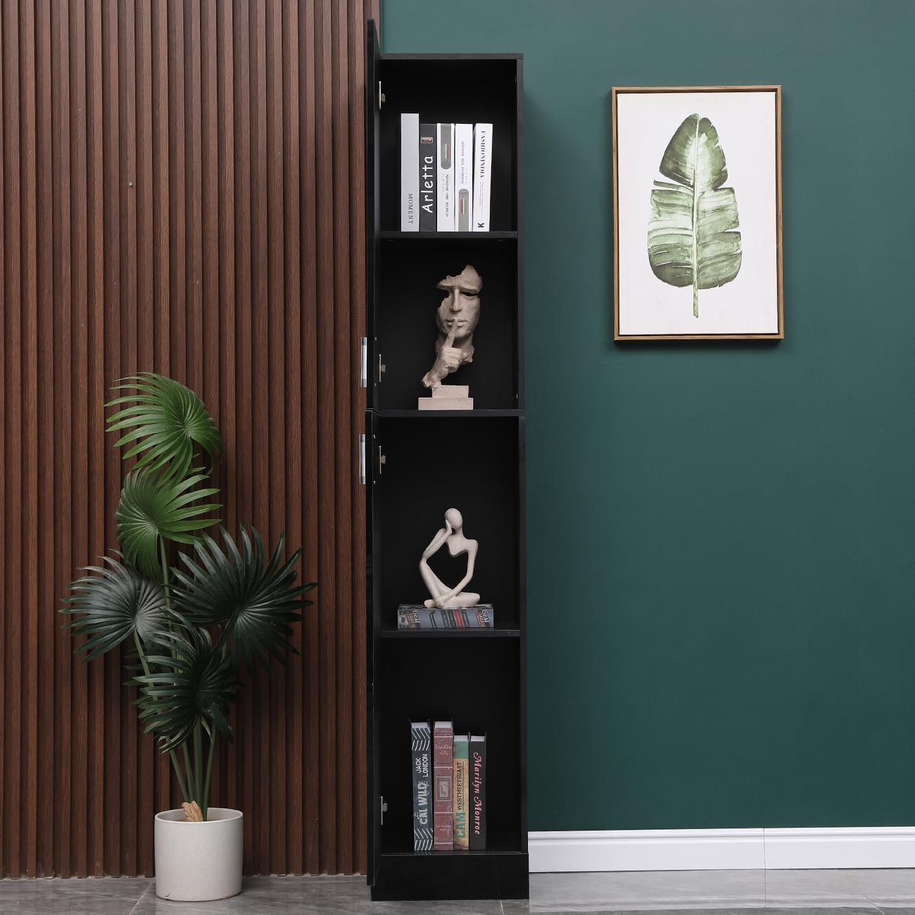 Tall Slim Storage Cabinet Black High Gloss Door Shelves