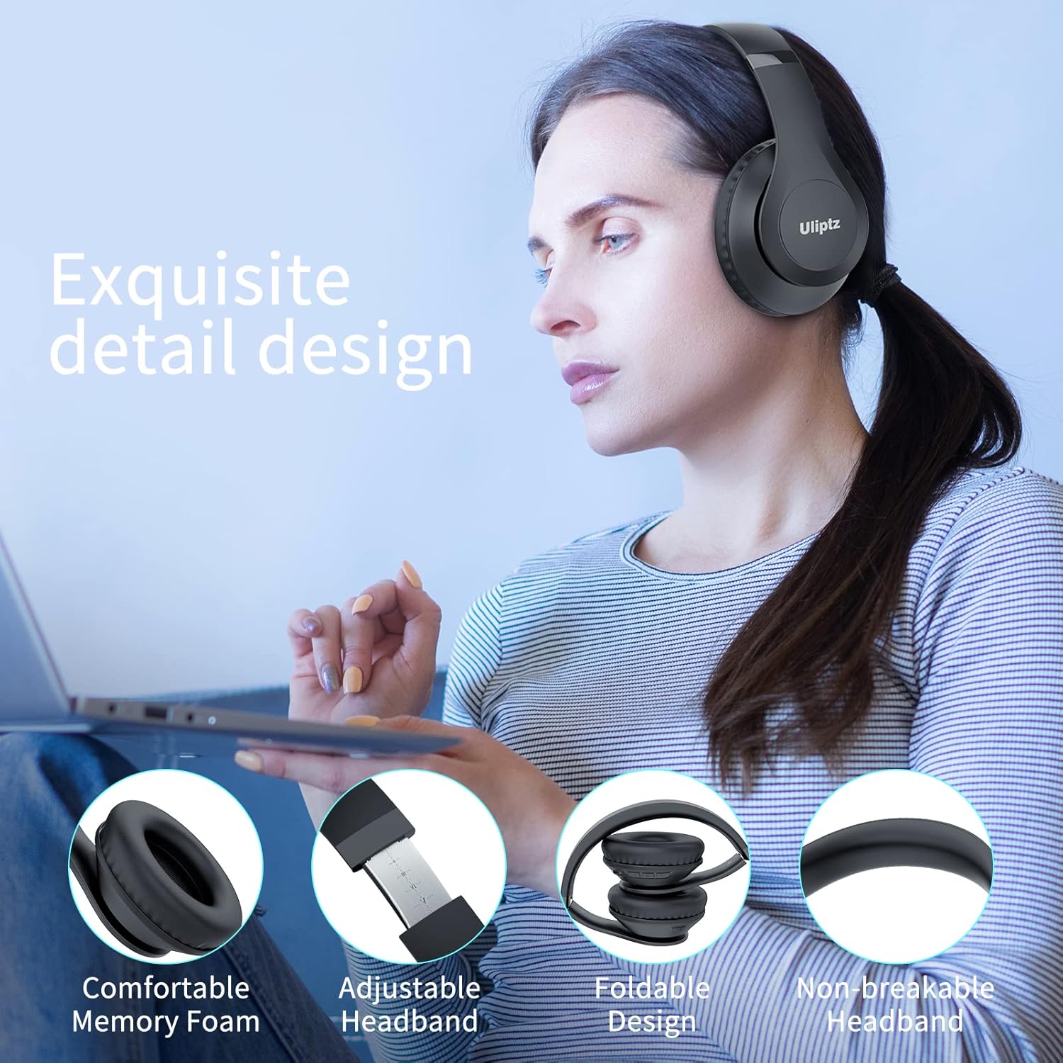 Wireless Bluetooth Over Ear Headphones 65Hr Battery 6 EQ Modes Black