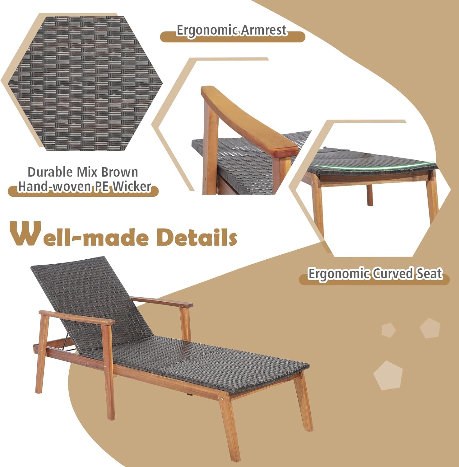 Acacia Wood Rattan Sun Lounger 4 Position Recliner