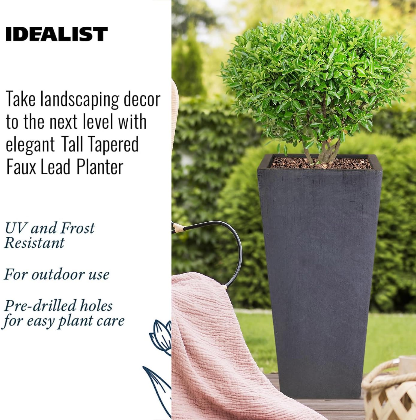 65cm Tall Planter Dark Grey Stone Effect Square Outdoor Pot