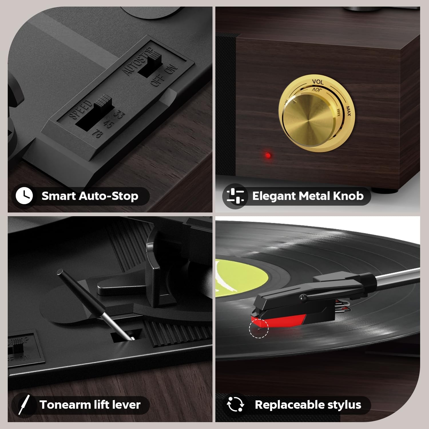 Bluetooth Vinyl Record Player Turntable with Speakers 3-Speed Belt Drive