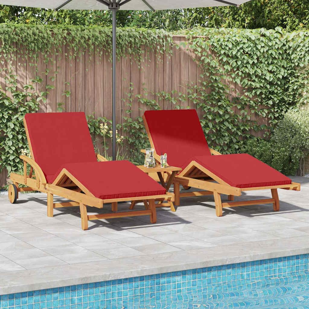 2 Pack Acacia Wood Sun Loungers Cushioned Red