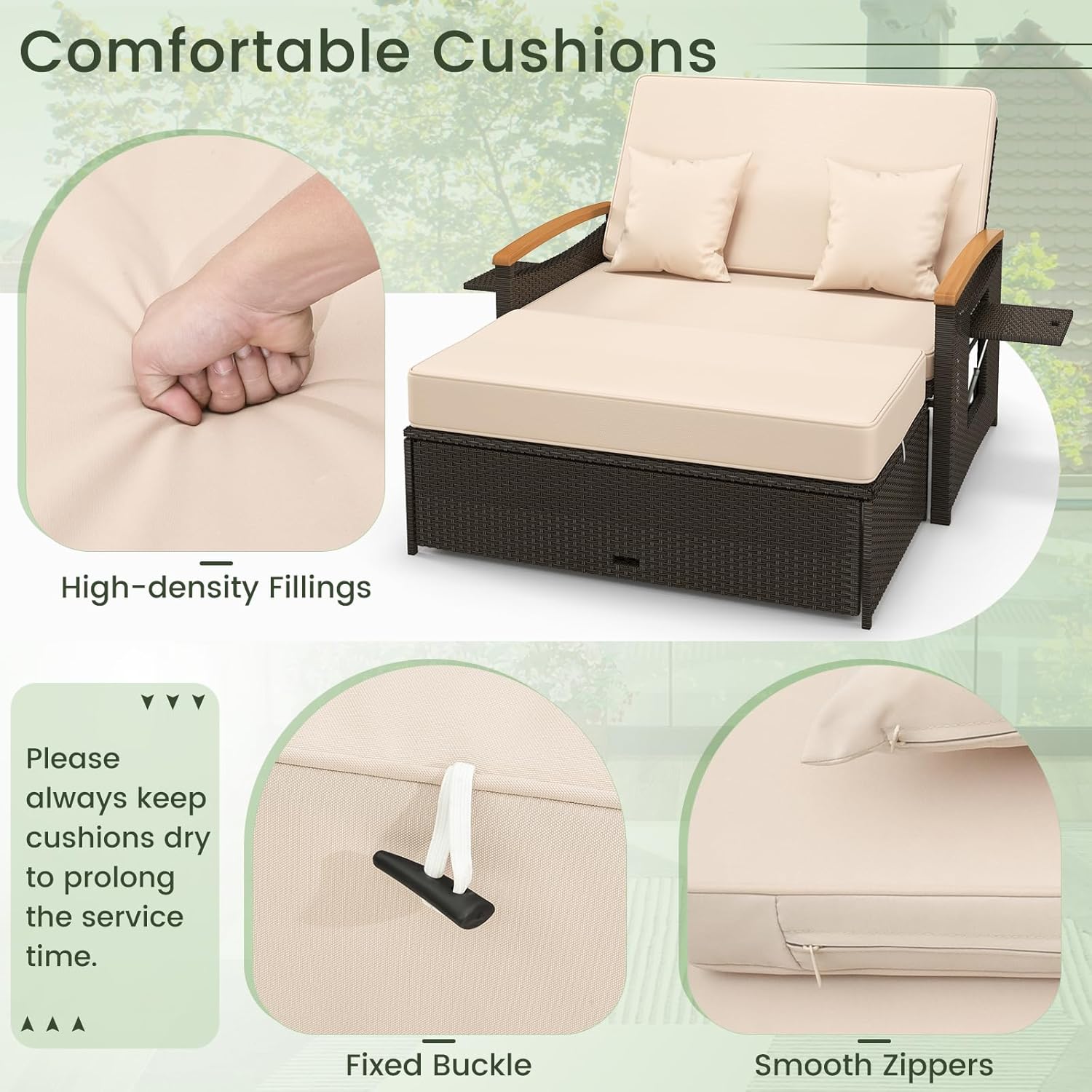 Outdoor Rattan Daybed Double Chaise Lounger Storage Ottoman Beige