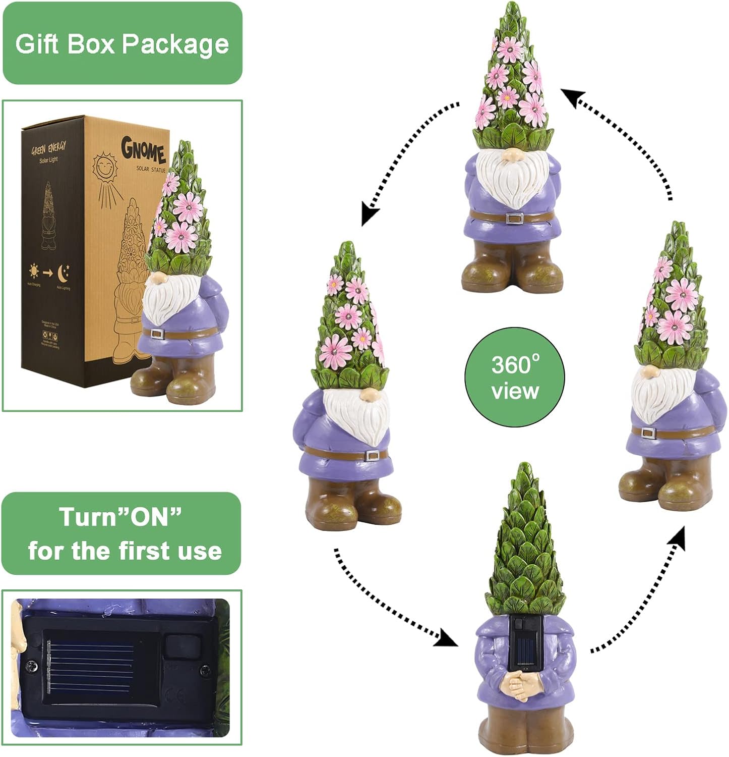 Solar Garden Gnome Statue LED Flower Lights Outdoor Patio Decor
