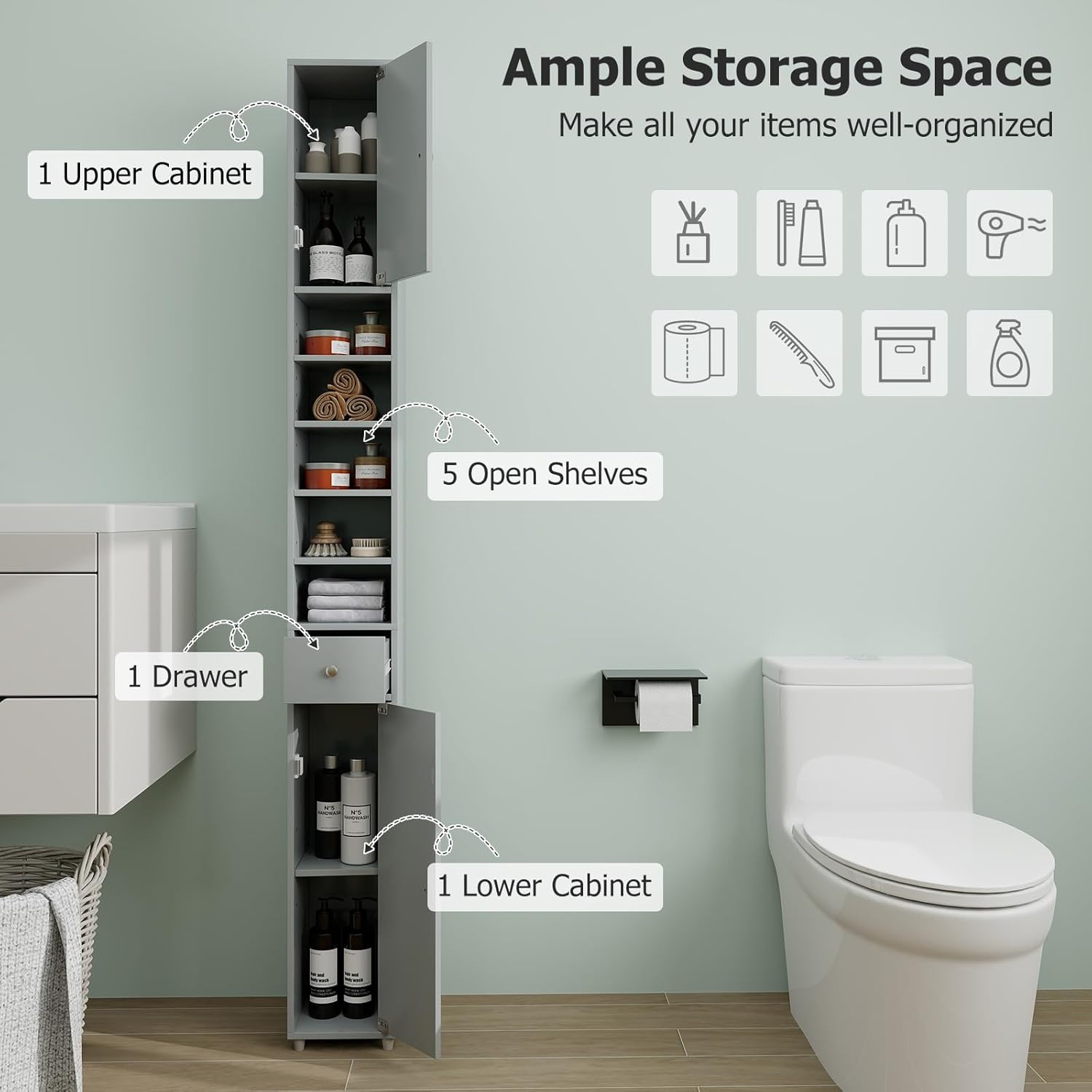 Tall Slim Bathroom Storage Cabinet Drawer Adjustable Shelves Grey