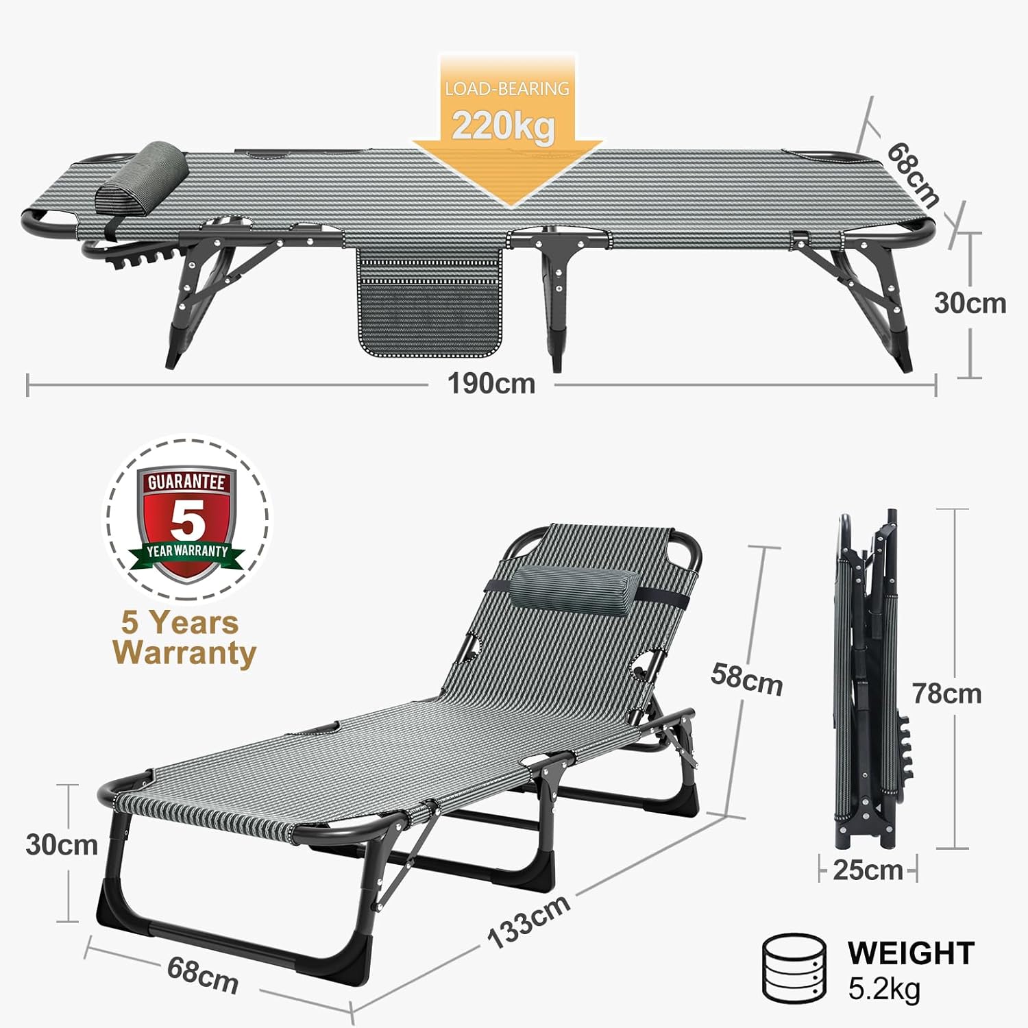 Heavy Duty Folding Sun Lounger Bed Blue Pad XL