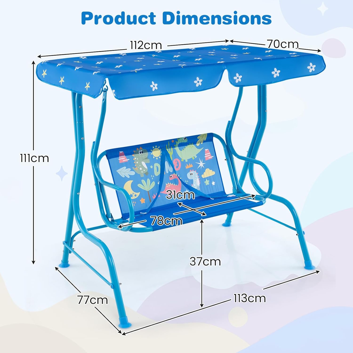 Kids 2 Seat Swing Chair Blue Canopy Safety Belts