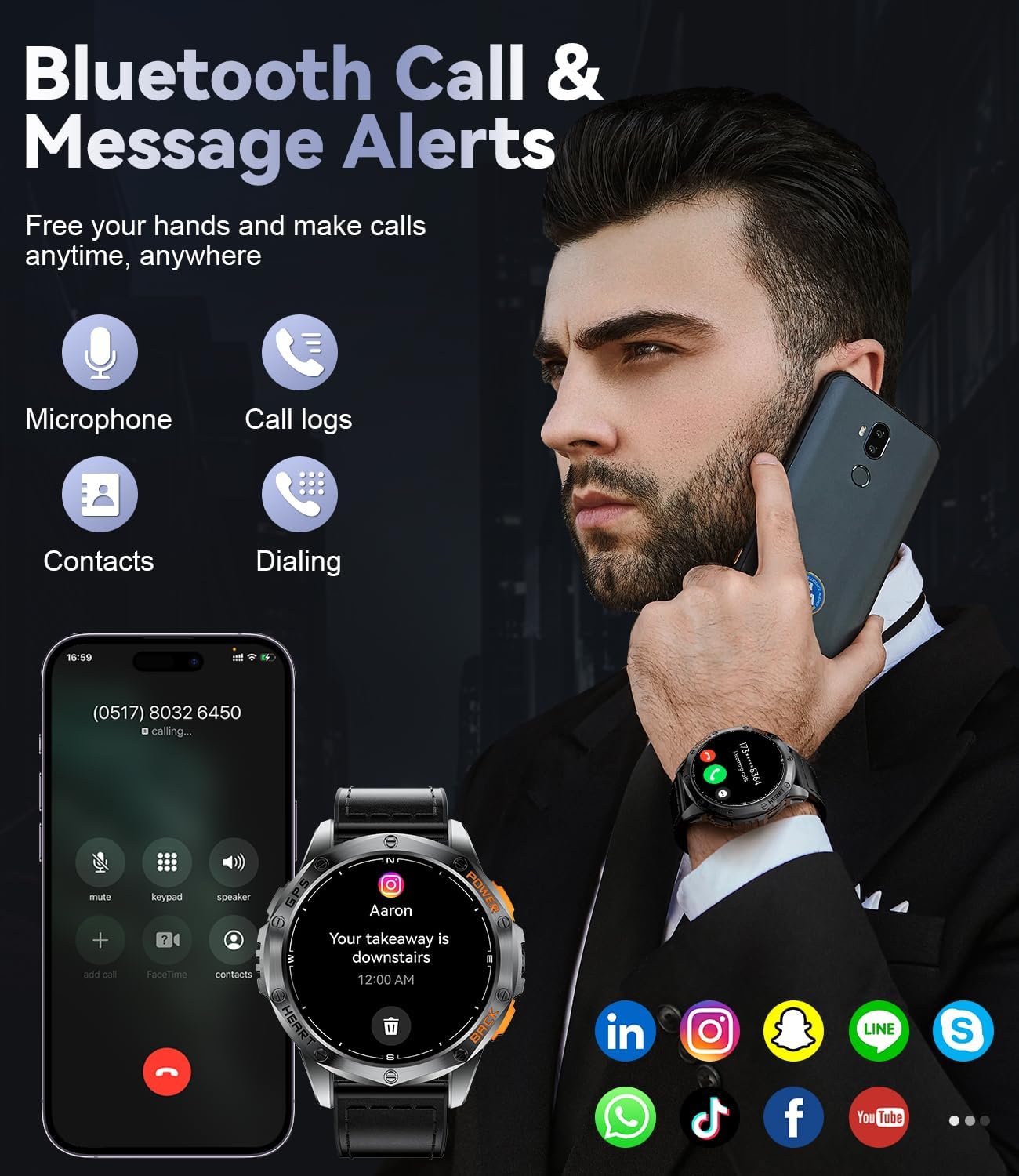 Mens GPS Smart Watch AMOLED Bluetooth Call Leather