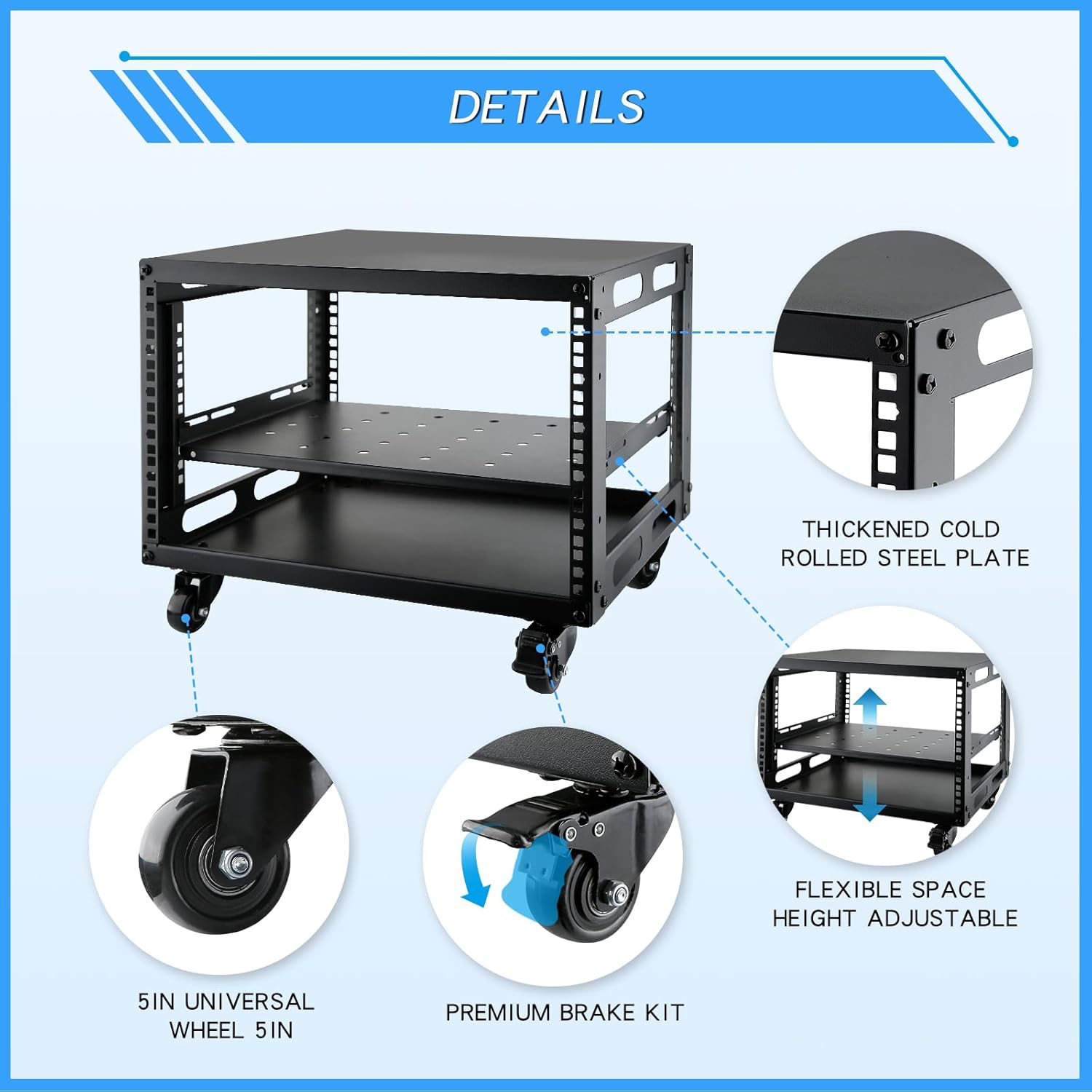 6U Open Frame Server Rack with Wheels 4 Post Mobile Stand