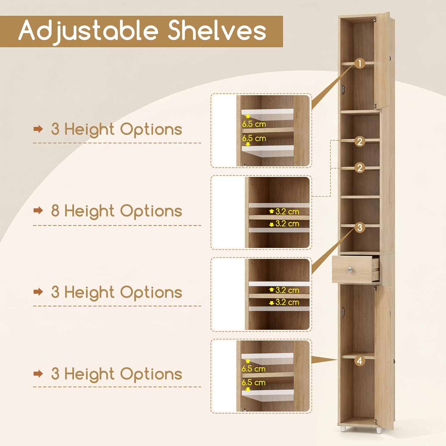 Slim Bathroom Tall Storage Cabinet Drawer Shelf Cupboard Natural
