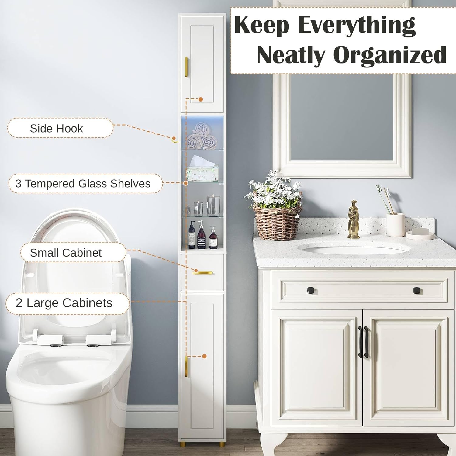 Tall Slim Storage Cabinet White LED Shelf Hook Unit