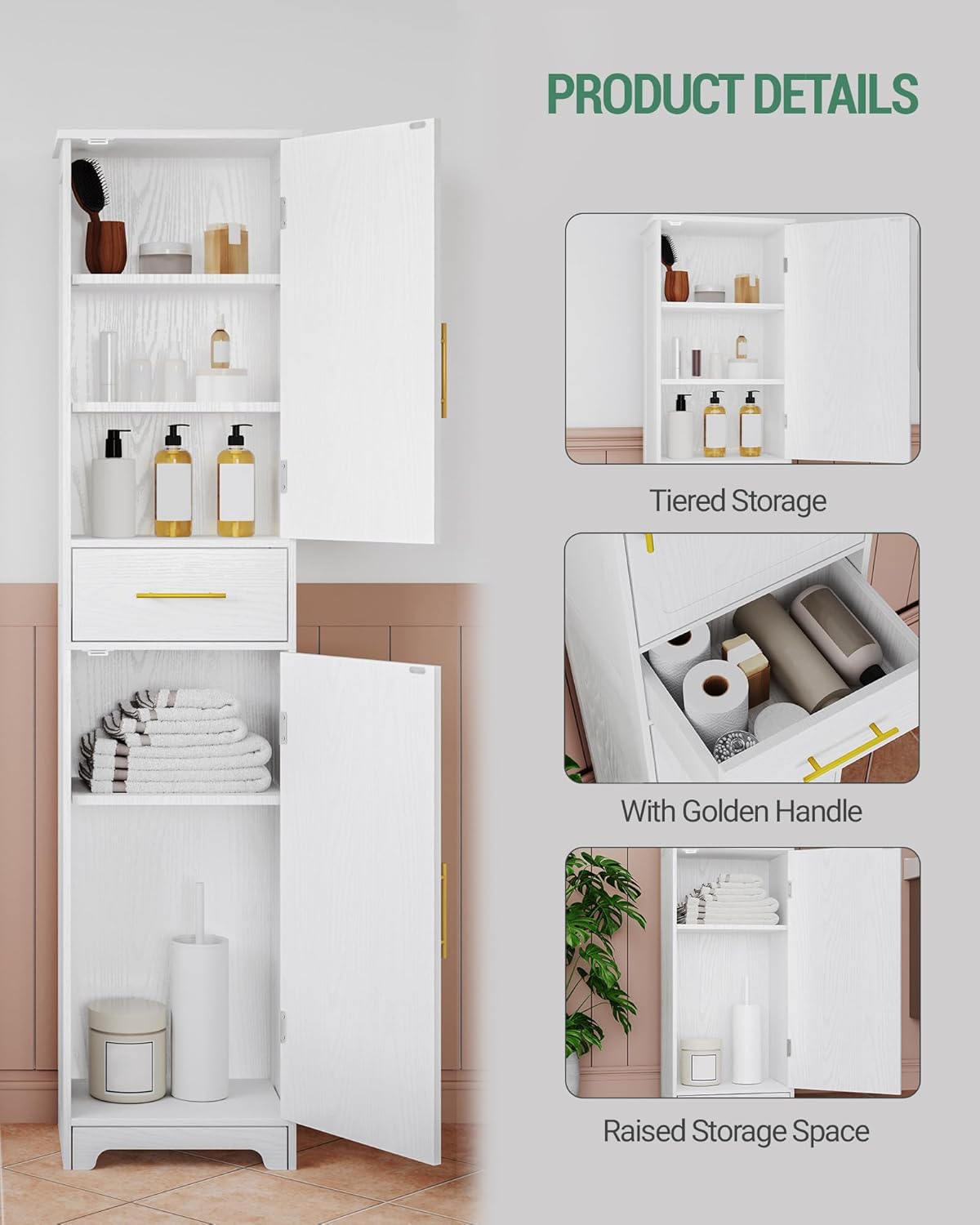 Tall Slim Storage Cabinet White Drawer Doors Shelf Unit