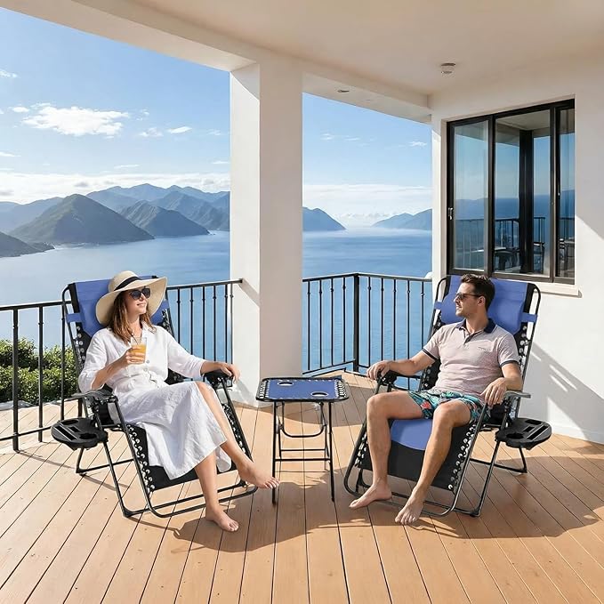 Set of 3 Zero Gravity Sun Loungers Blue with Table