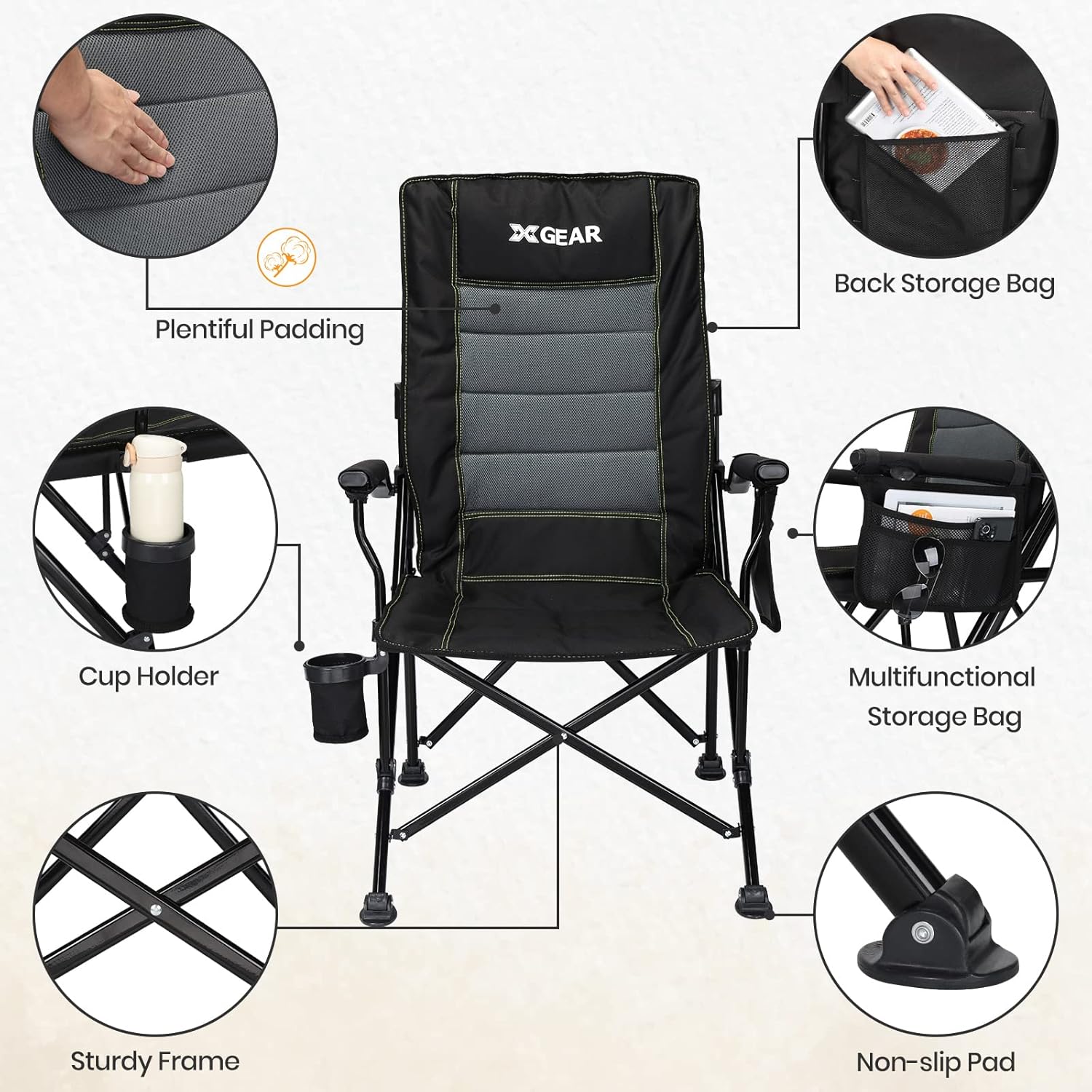 Adjustable Oversized Camping Chair with Lumbar Support Black