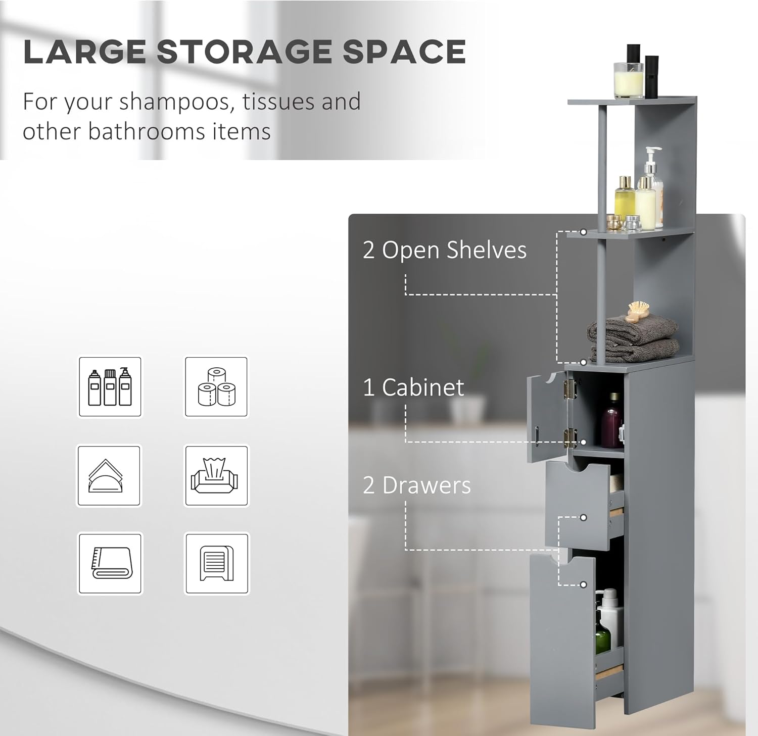 Slim Tall Bathroom Cabinet Grey 2 Drawers 5 Tier 136cm