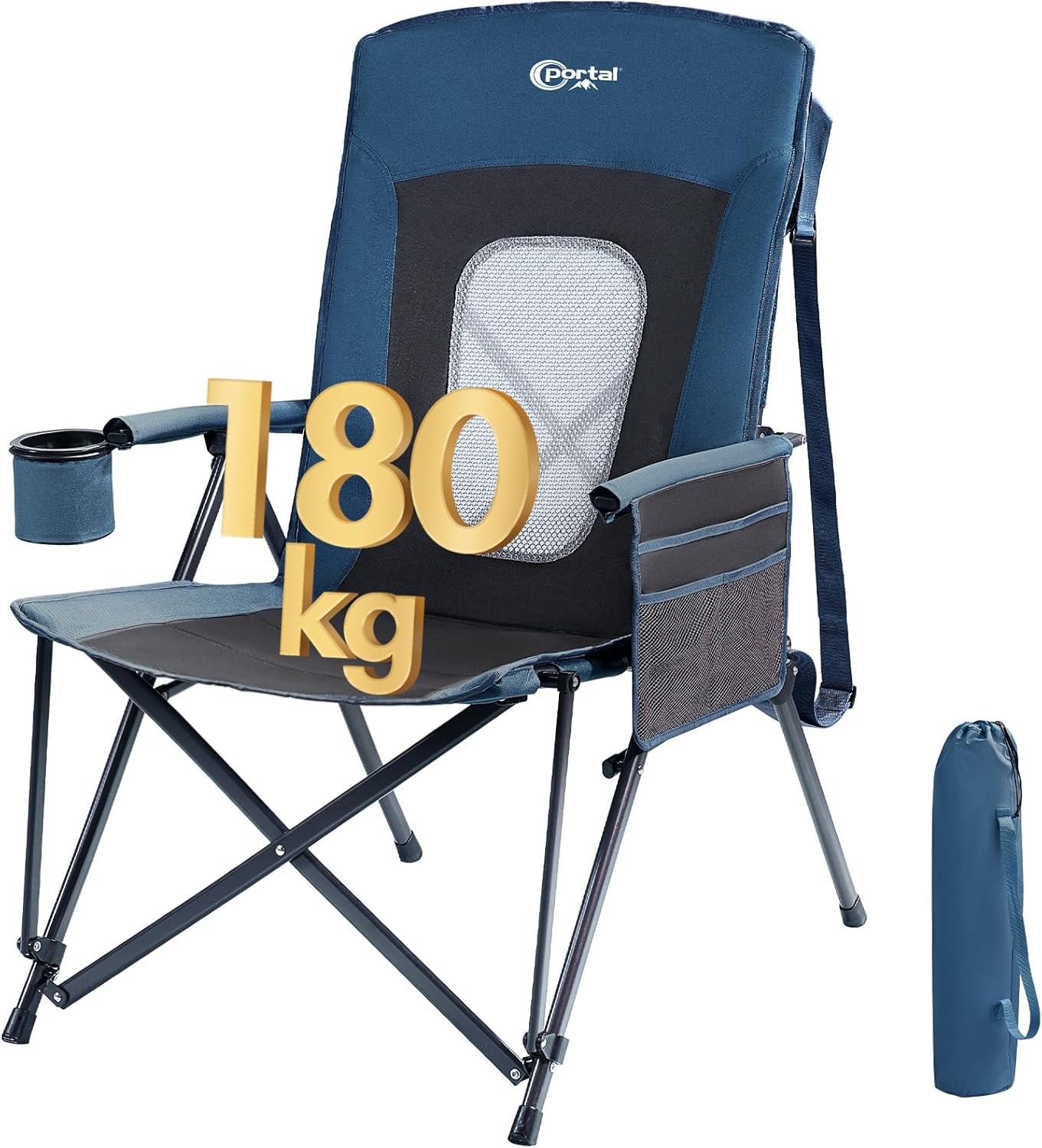 High Back Folding Camping Chair 180kg Heavy Duty Blue