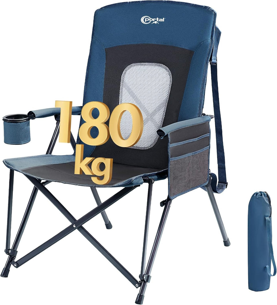 High Back Folding Camping Chair 180kg Heavy Duty Blue