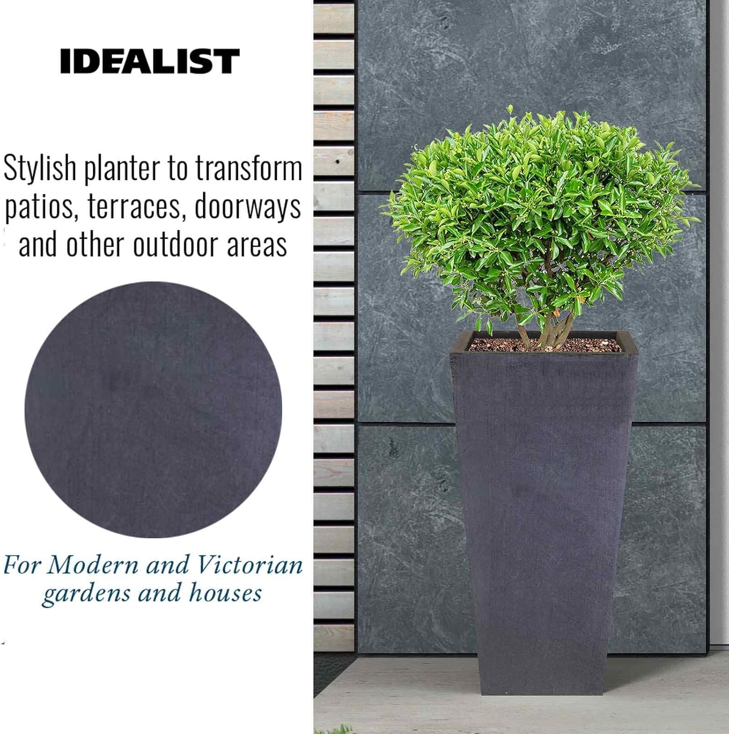 50.5cm Tall Planters Set 2 Dark Grey Stone Effect Square Pots