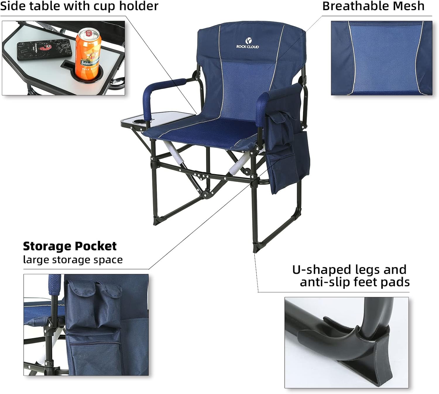 Camping Chair with Side Table Foldable Portable Blue
