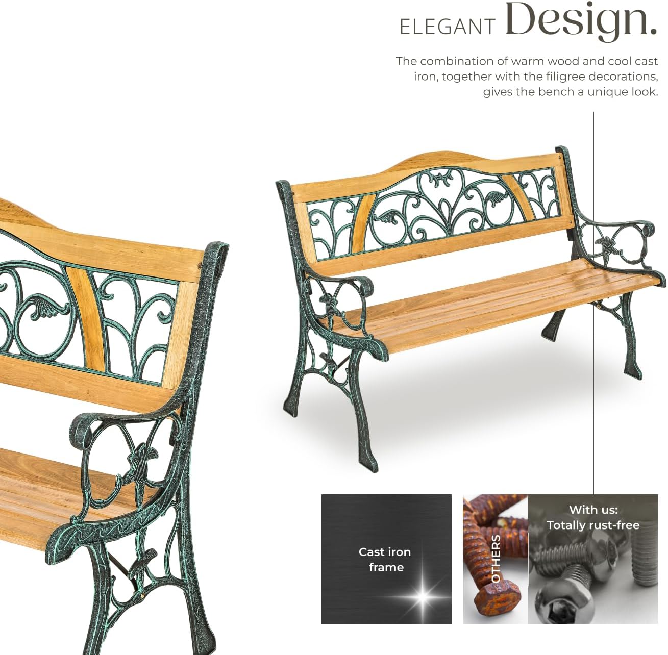 2 Seater Wooden Garden Bench Cast Iron Frame Outdoor Patio Seat